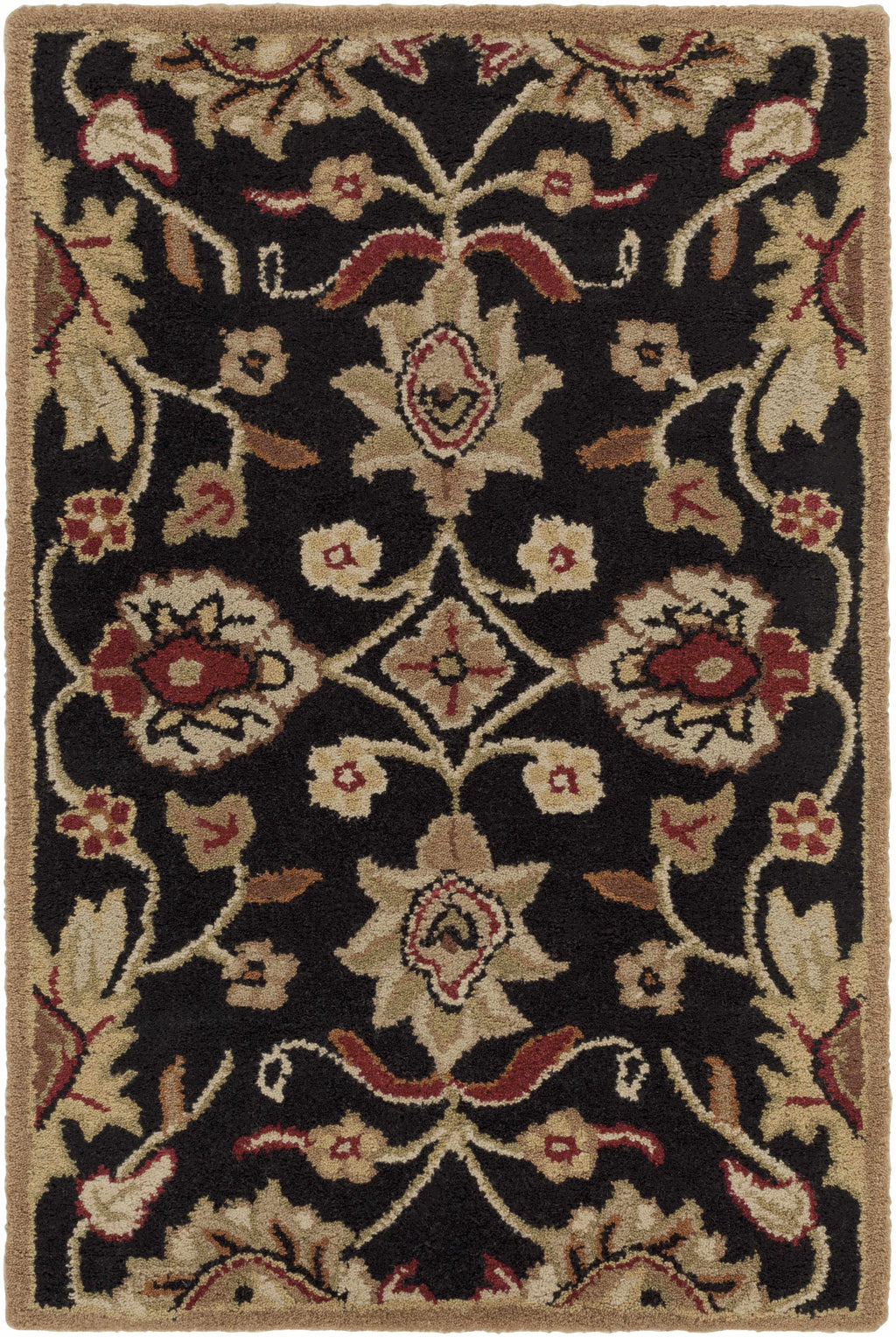 Decorative rug with intricate floral pattern on a black background