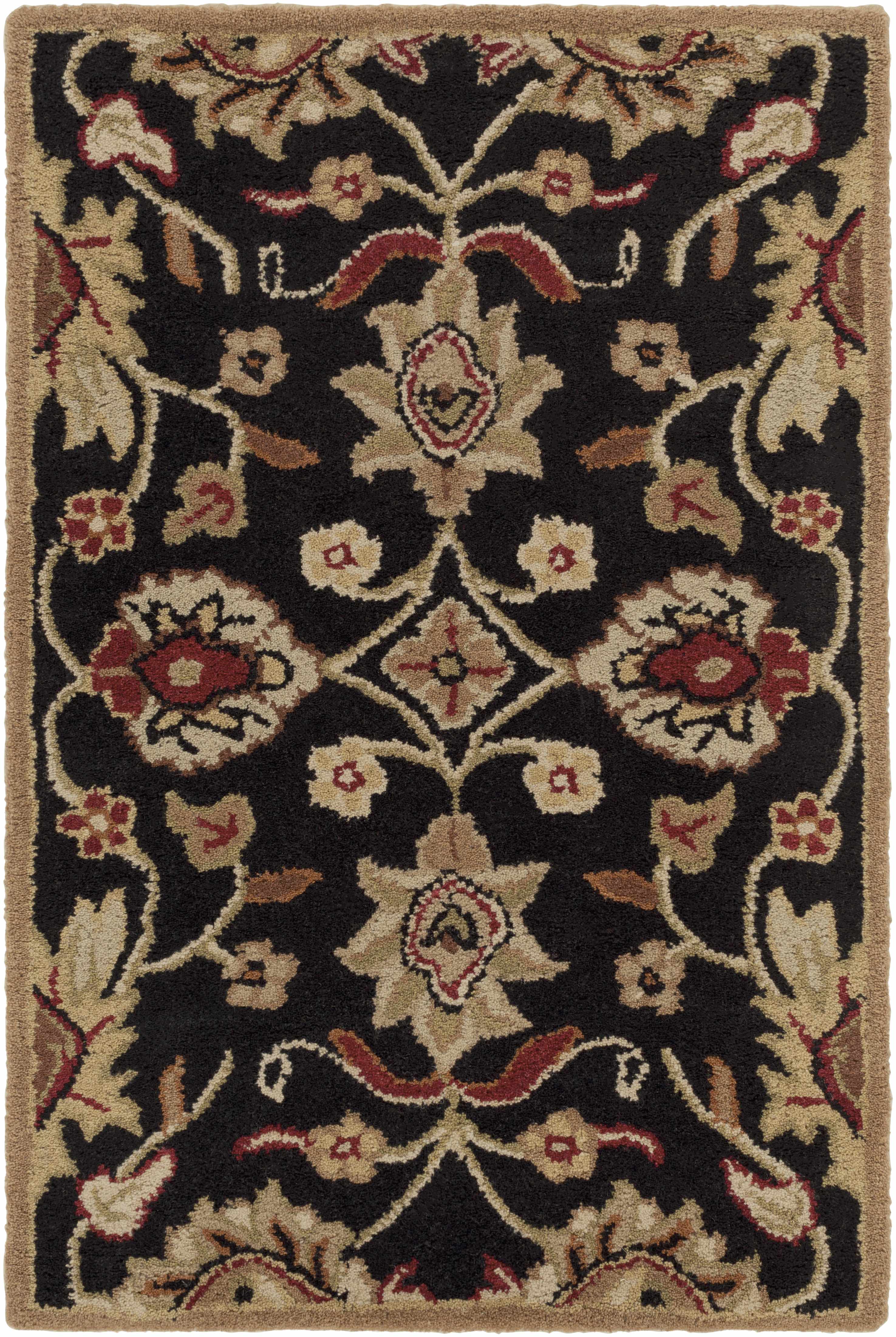Decorative rug with intricate floral pattern on a black background