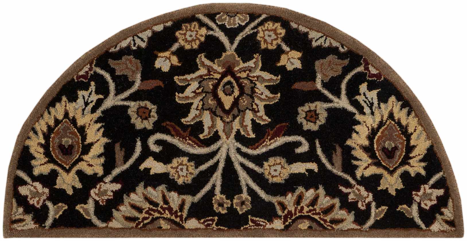 Decorative half-circle rug with intricate patterns on a white background