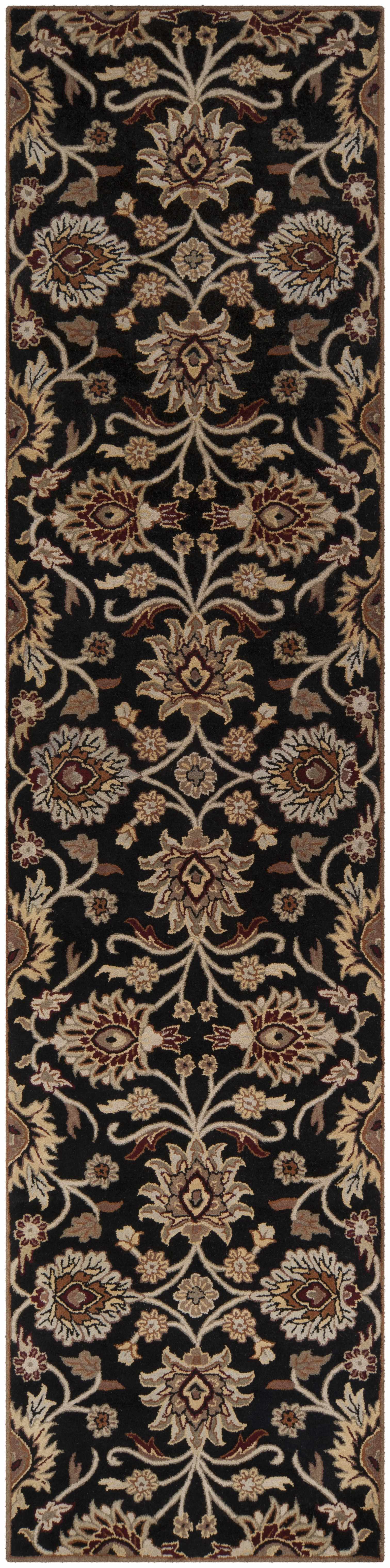 Decorative runner rug with floral pattern on a black background