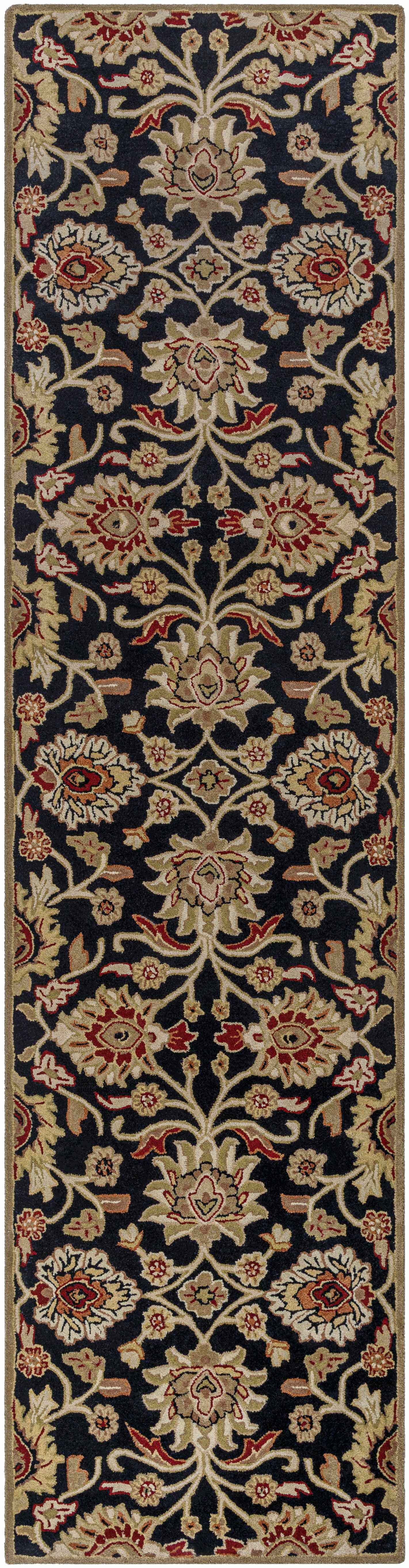 Decorative floral-patterned rug with intricate design on a black background