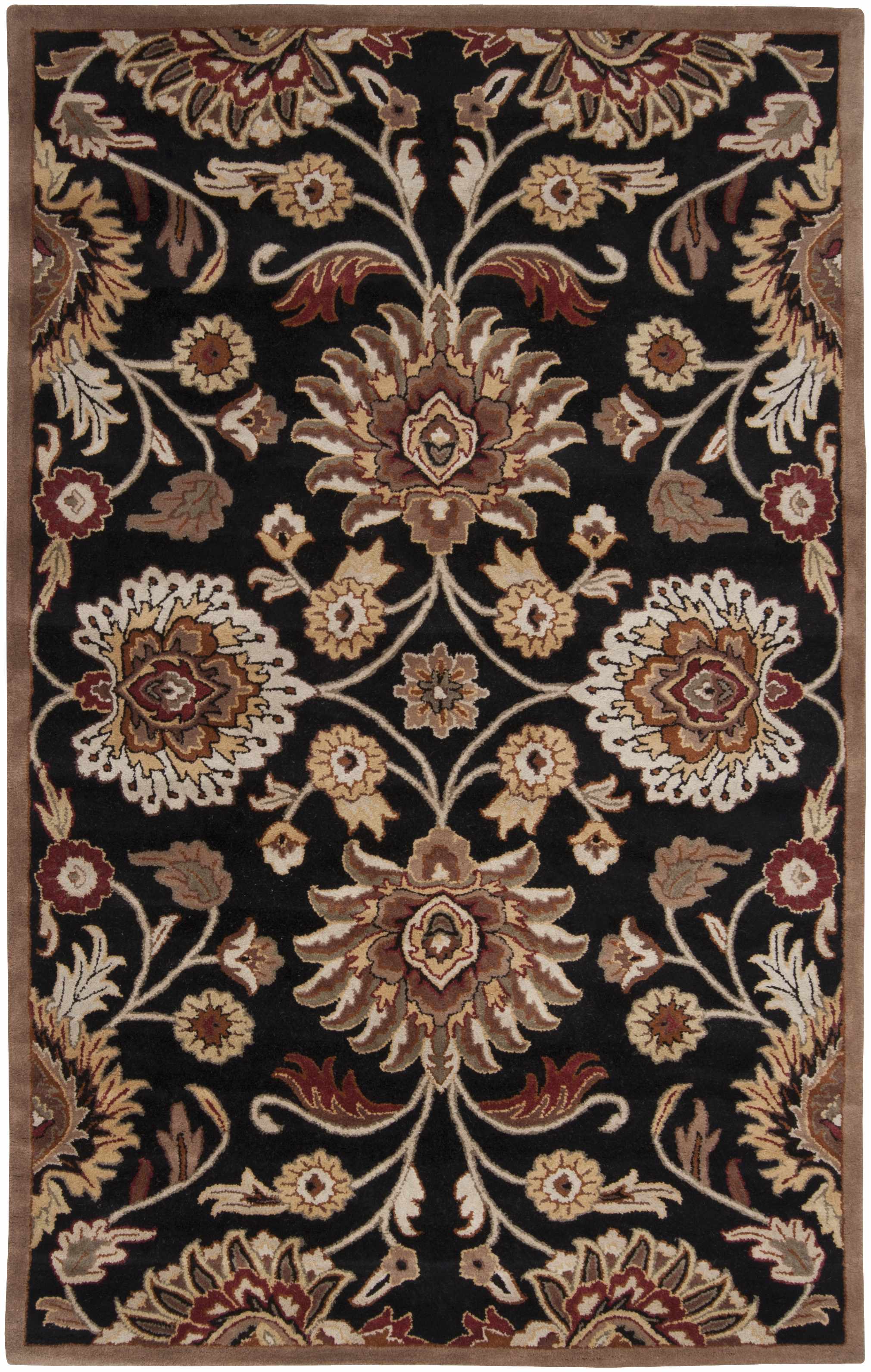 An area rug with an intricate traditional floral pattern on a black background, featuring beige, brown, and muted red accents.