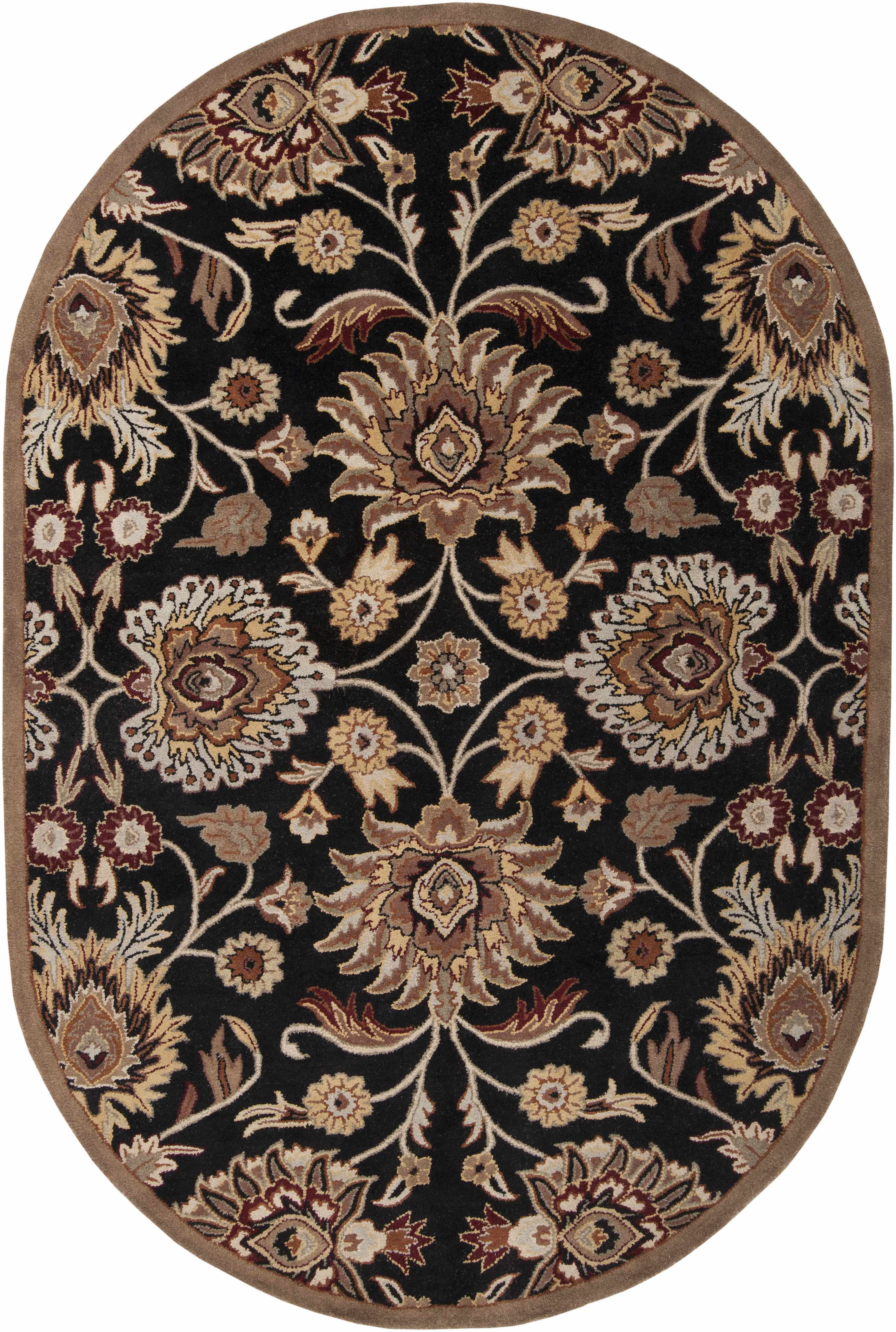Decorative oval rug with floral patterns on a black background