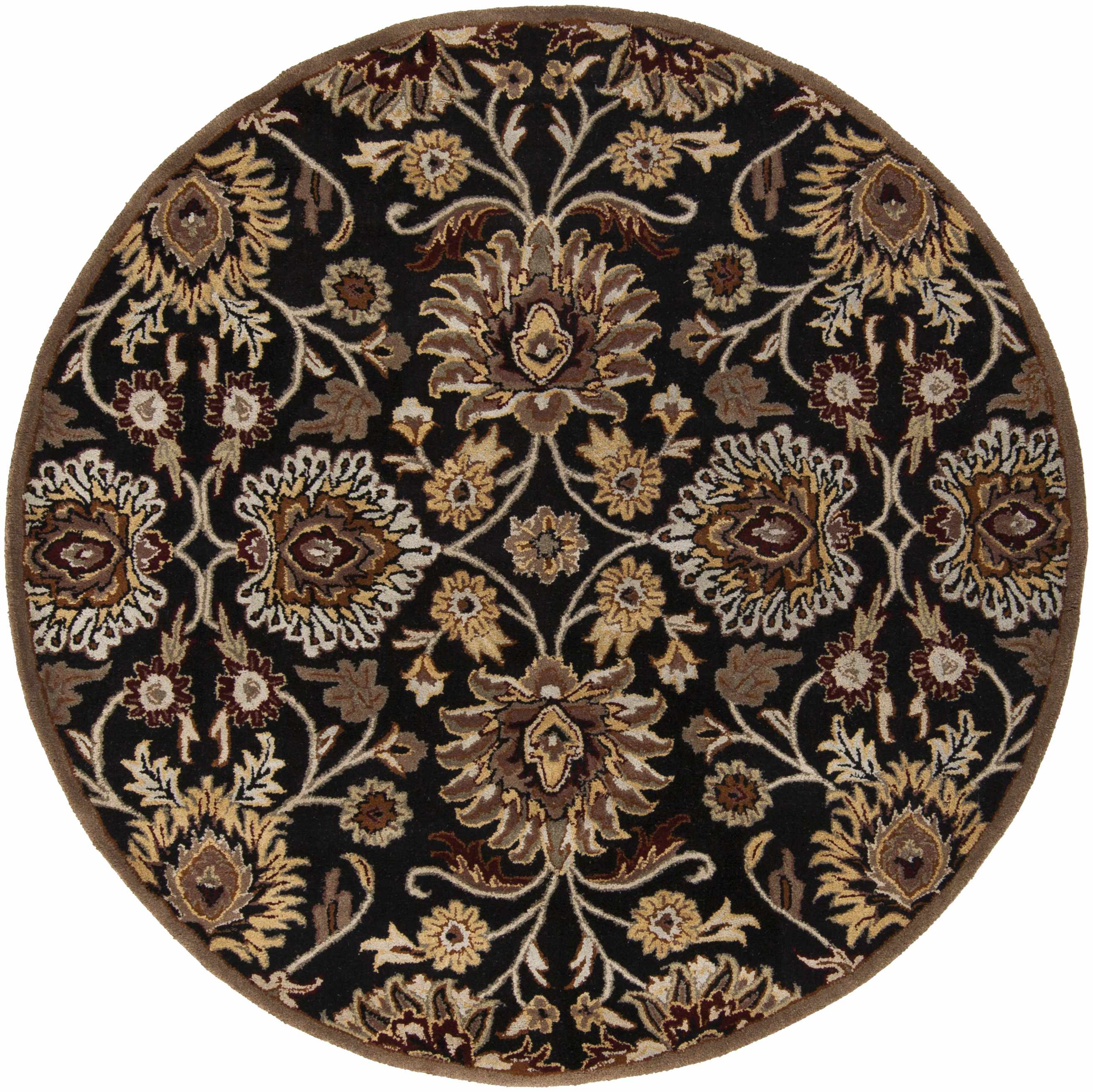Round floral patterned rug with intricate design on a black background