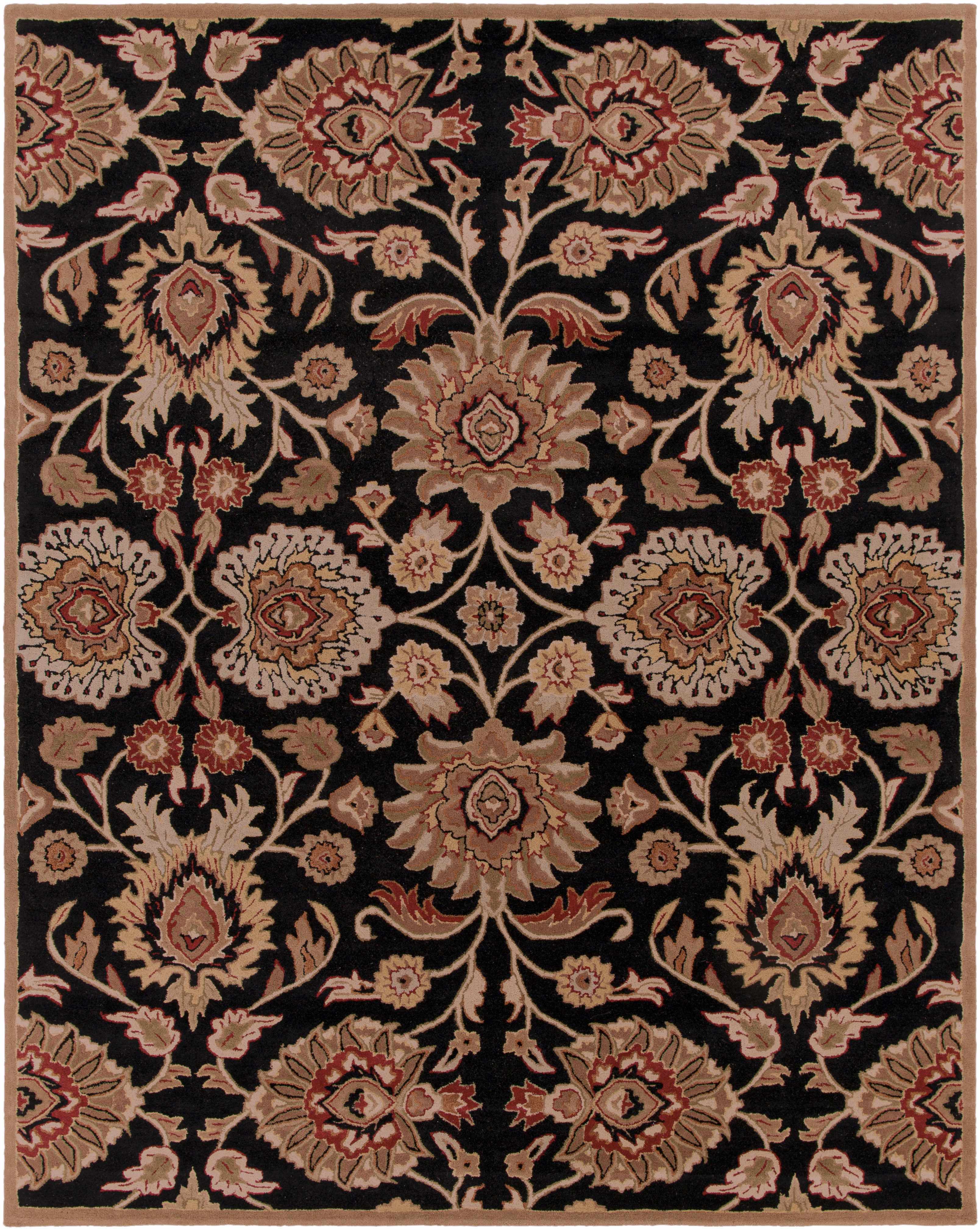 Decorative rug with intricate floral patterns on a black background