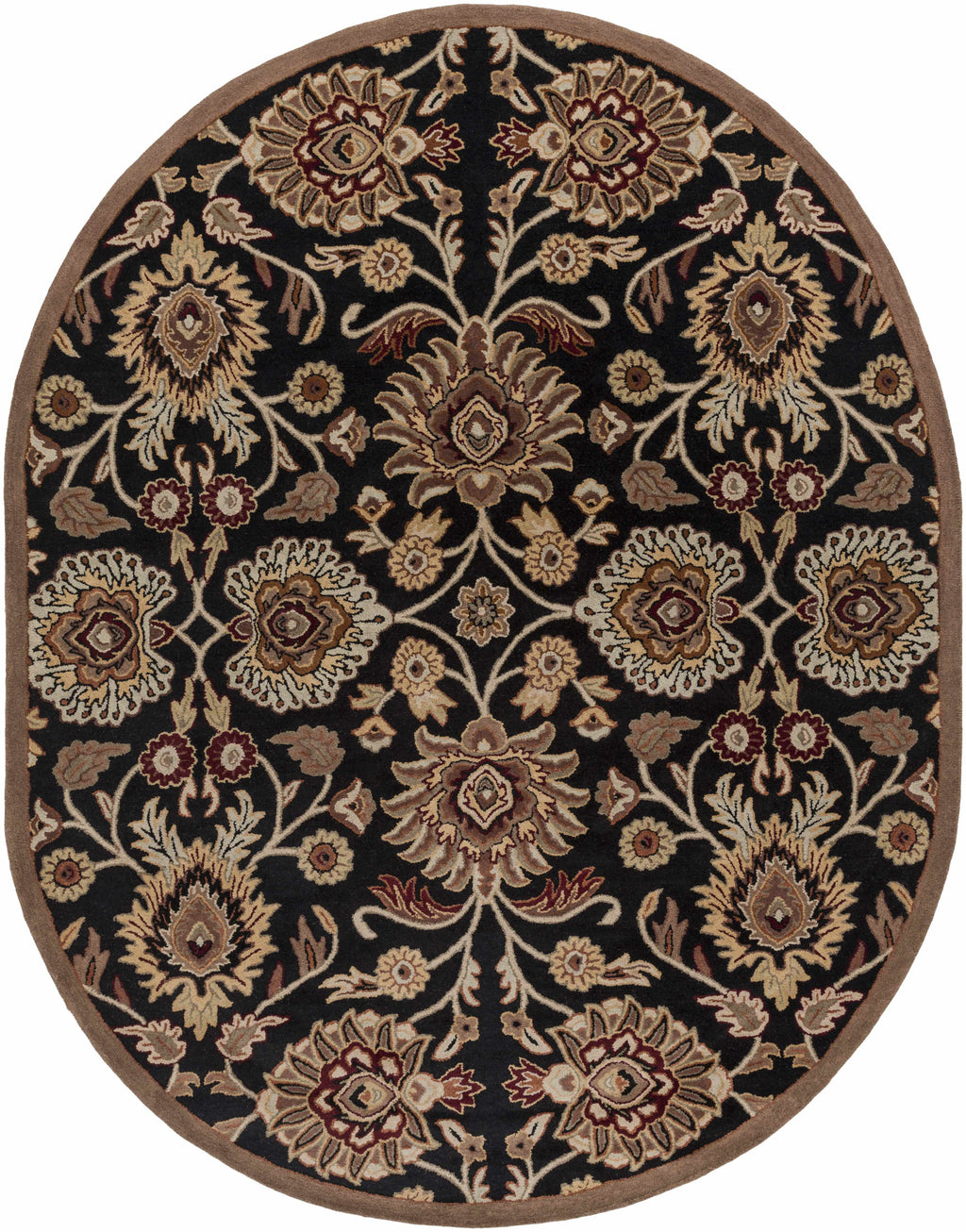 Oval floral patterned rug with intricate design on a black background