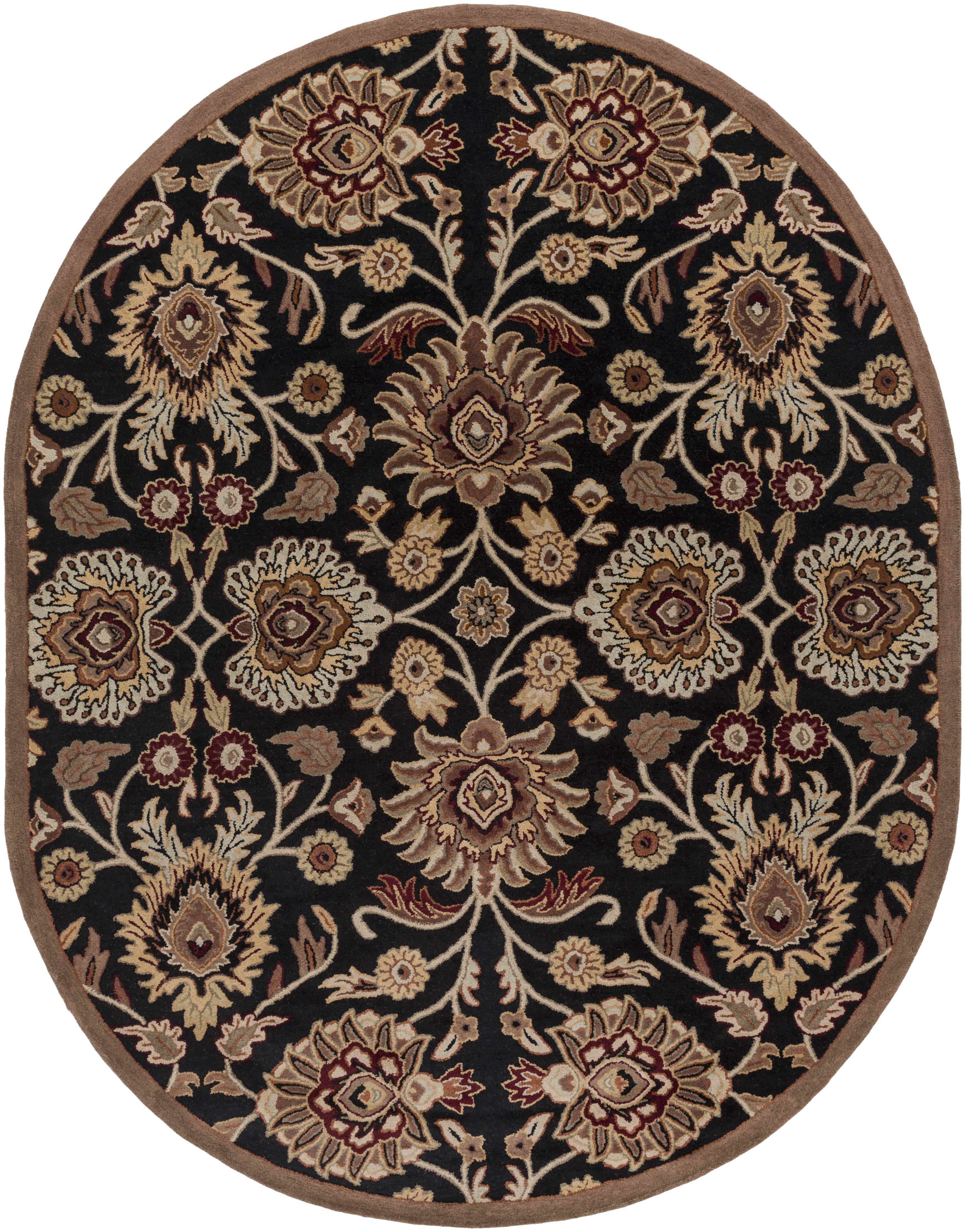 Oval floral patterned rug with intricate design on a black background