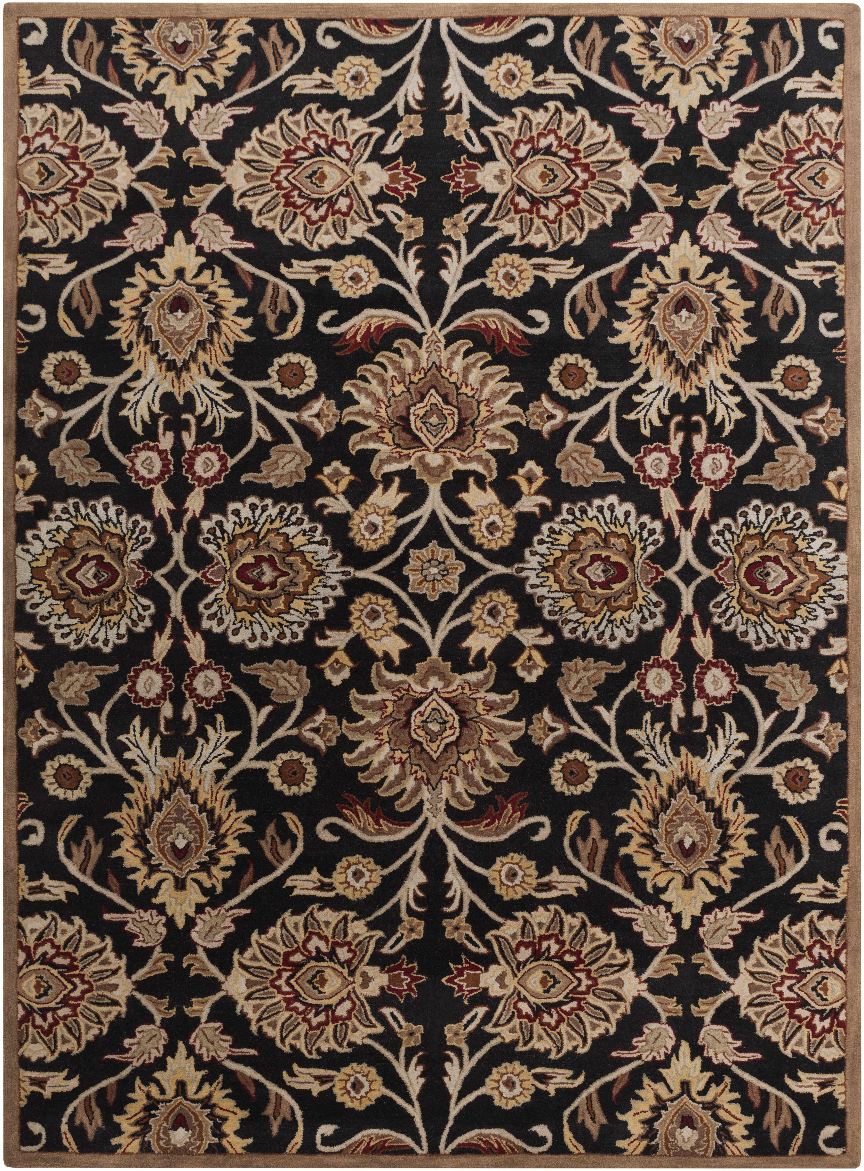 Decorative rug with intricate floral pattern on a black background