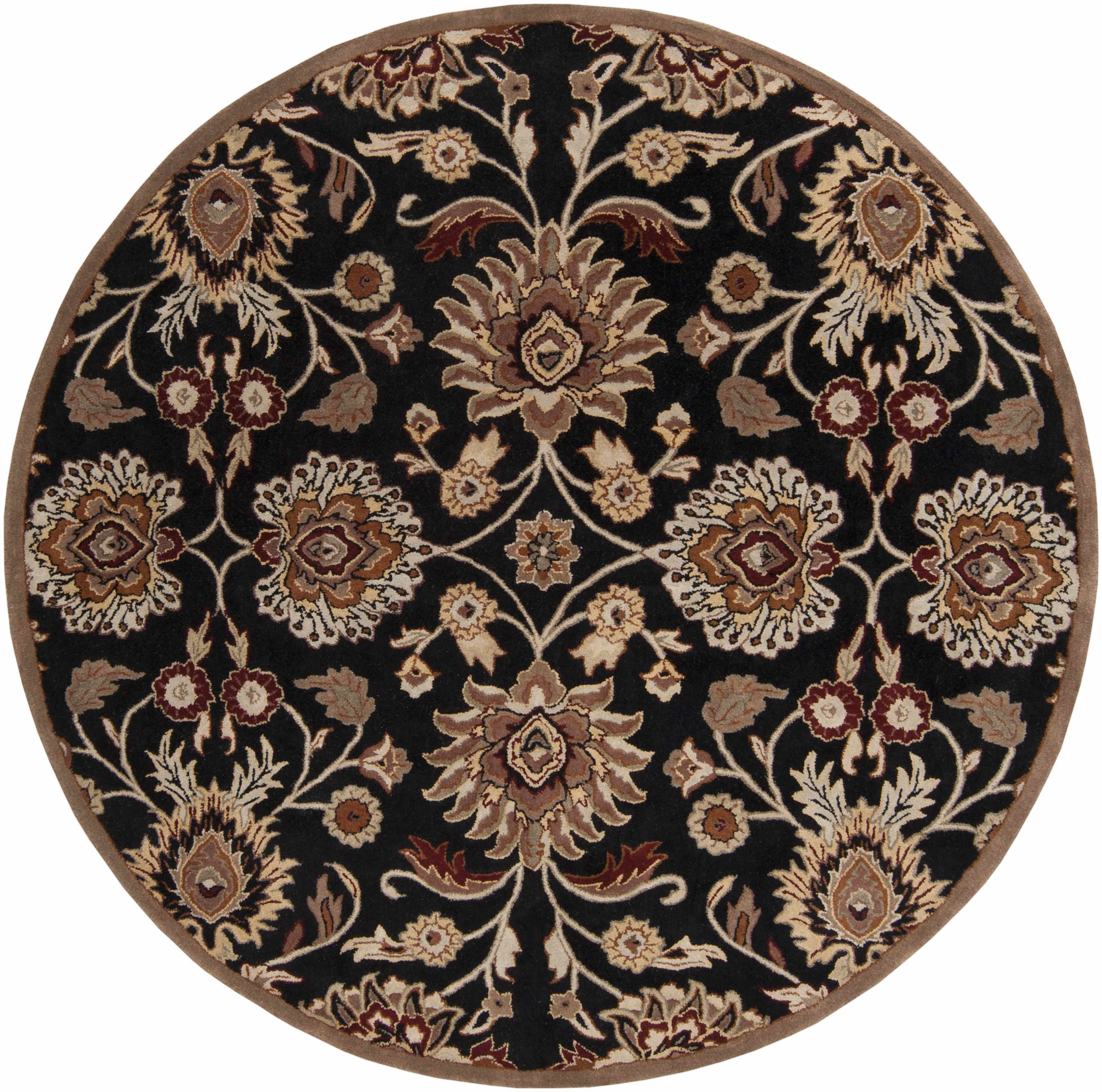Round floral patterned rug with intricate design on a black background