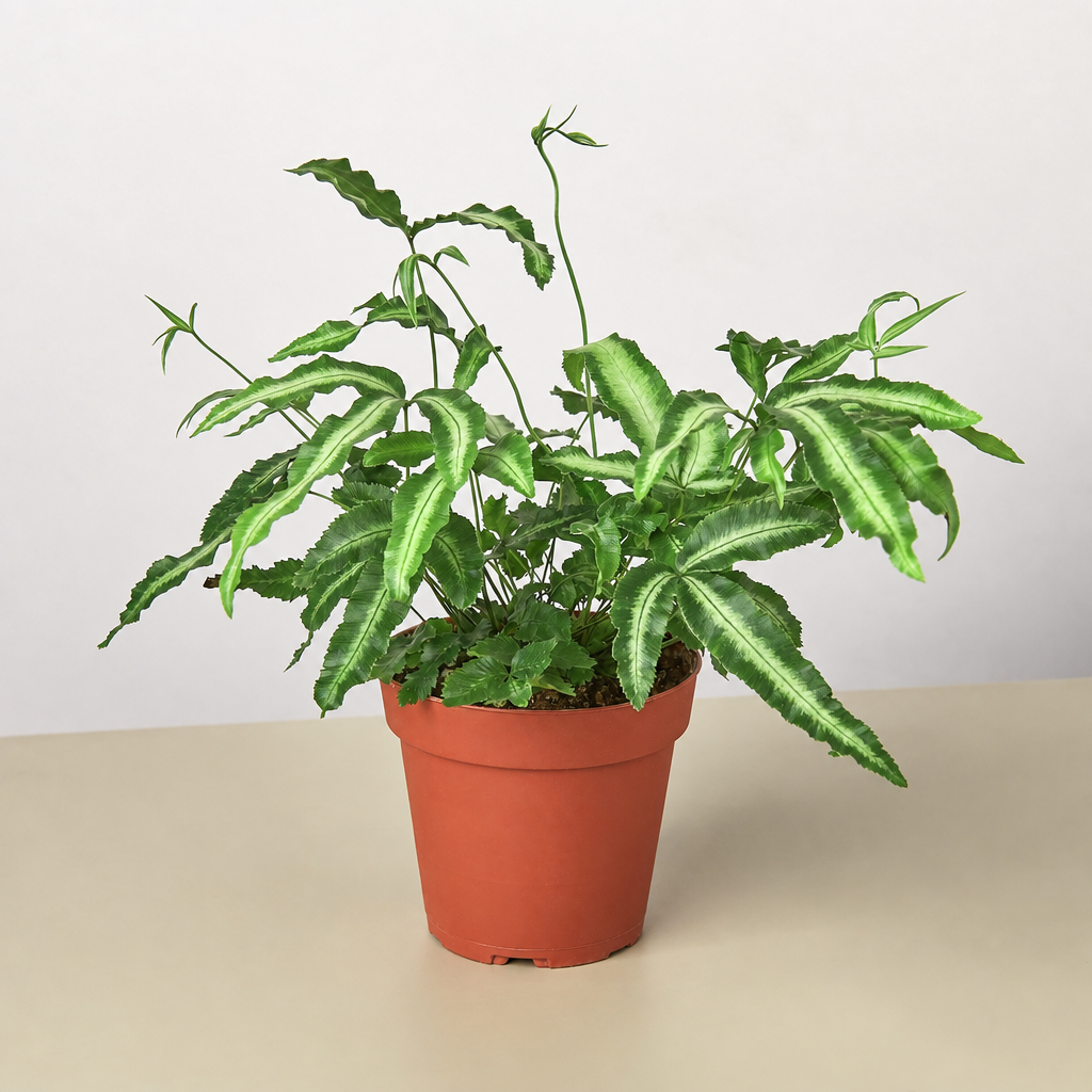 A potted green plant with delicate, wavy, fern-like leaves in a terracotta-colored plastic pot, set against a plain light gray background.