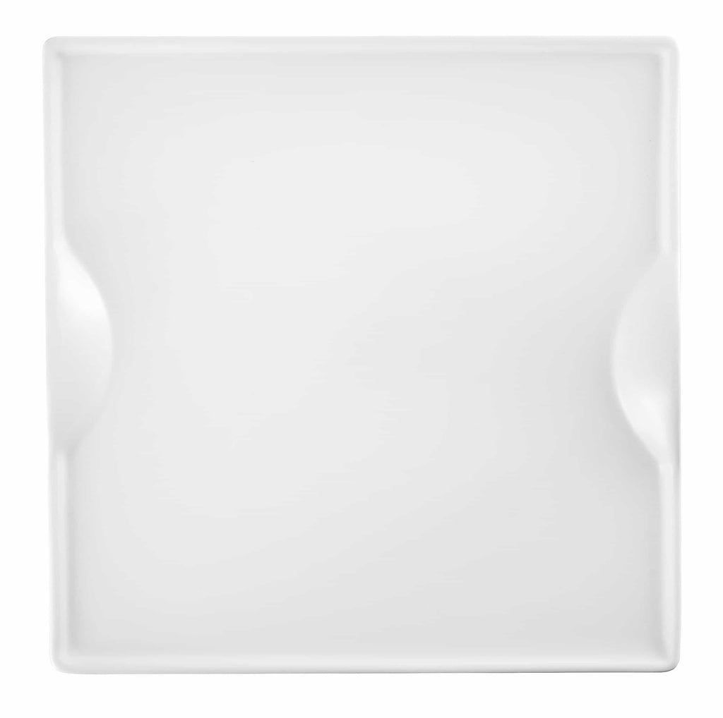 Rectangular white ceramic serving tray with indented side handles, modern minimalist style