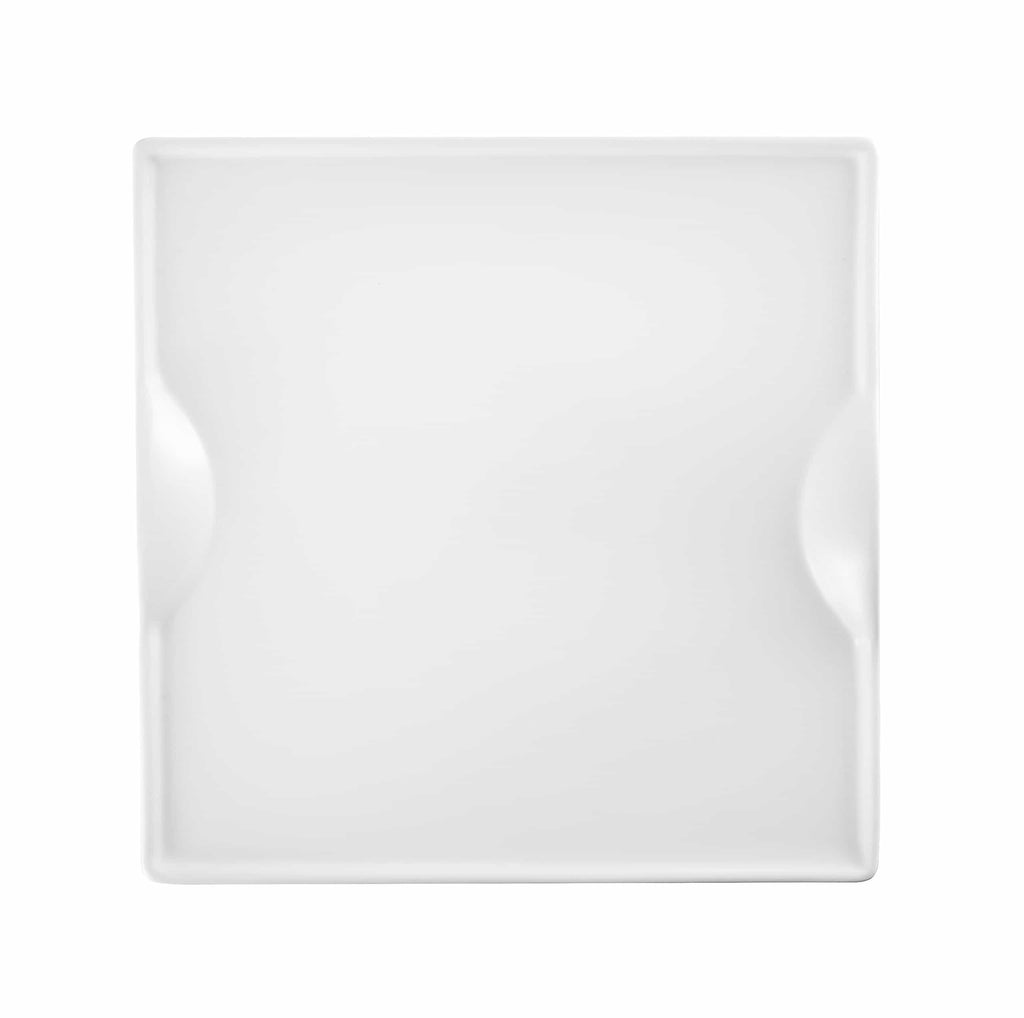 Rectangular white ceramic serving tray with side indentations, minimalist design