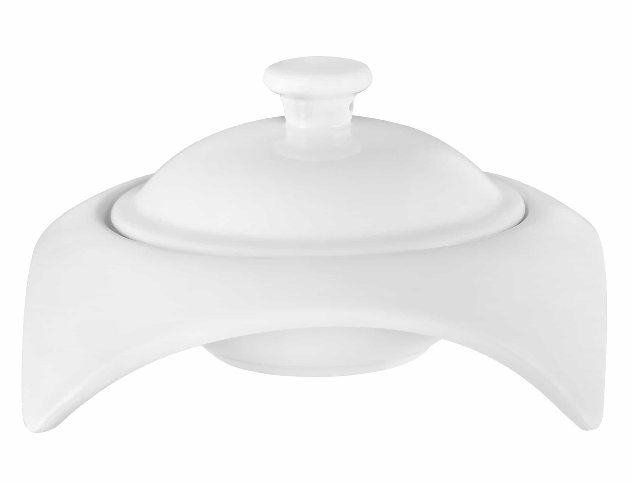 Modern white ceramic serving dish with lid and curved stand on white background