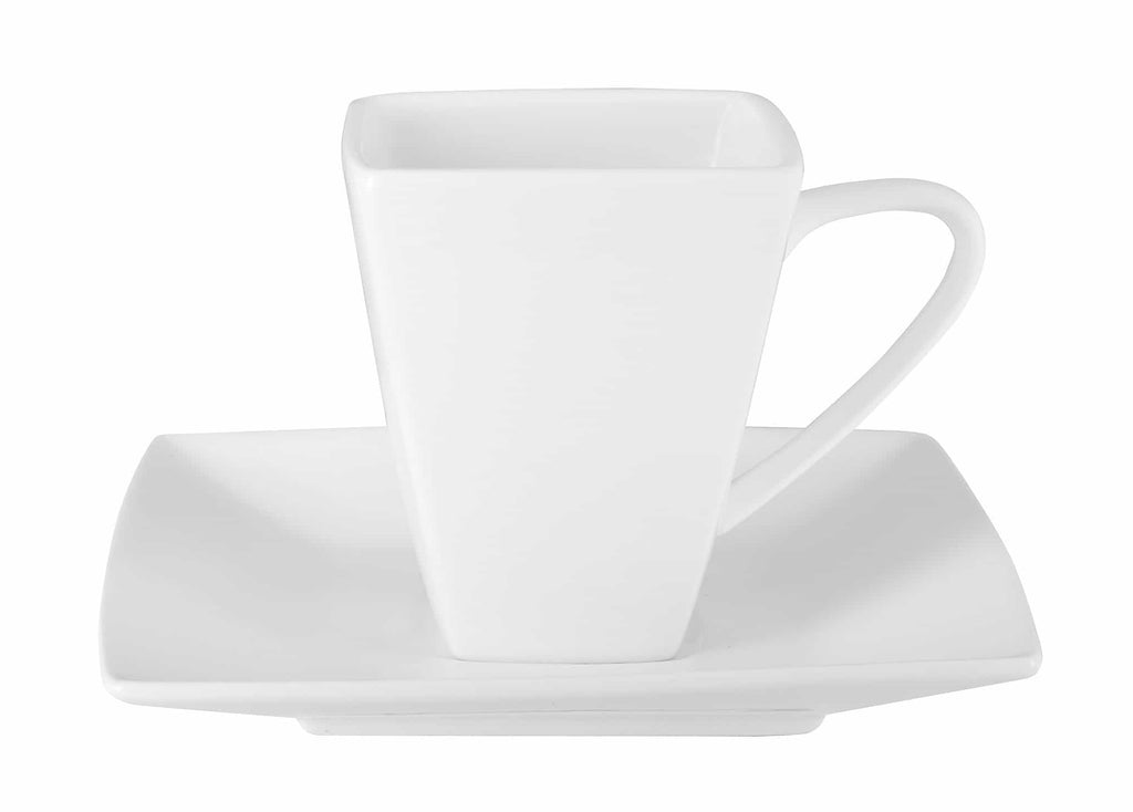 Modern white ceramic square coffee cup with matching saucer on white background