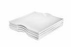 Stack of modern white square ceramic plates with a rounded notch and dip, minimalist serving platter