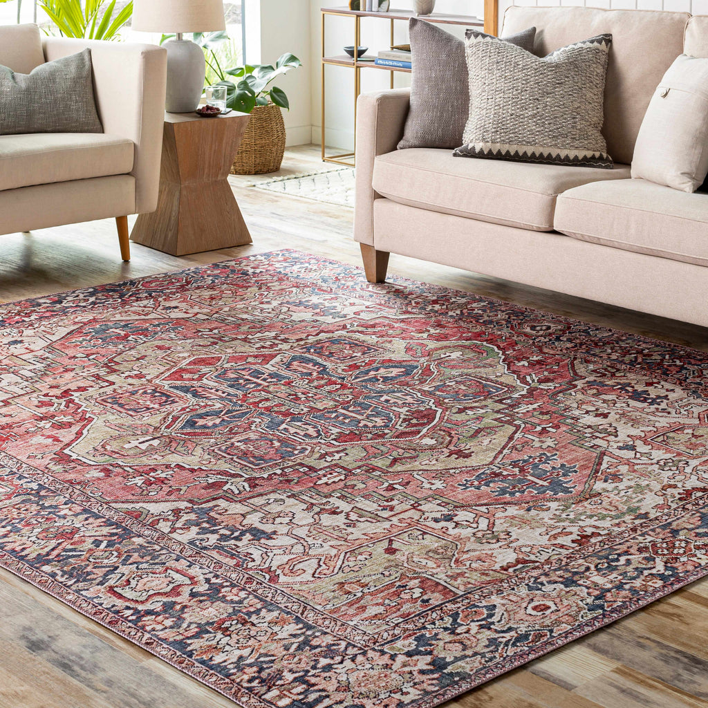 Patterned rug in a living room with beige sofas and decor pillows.