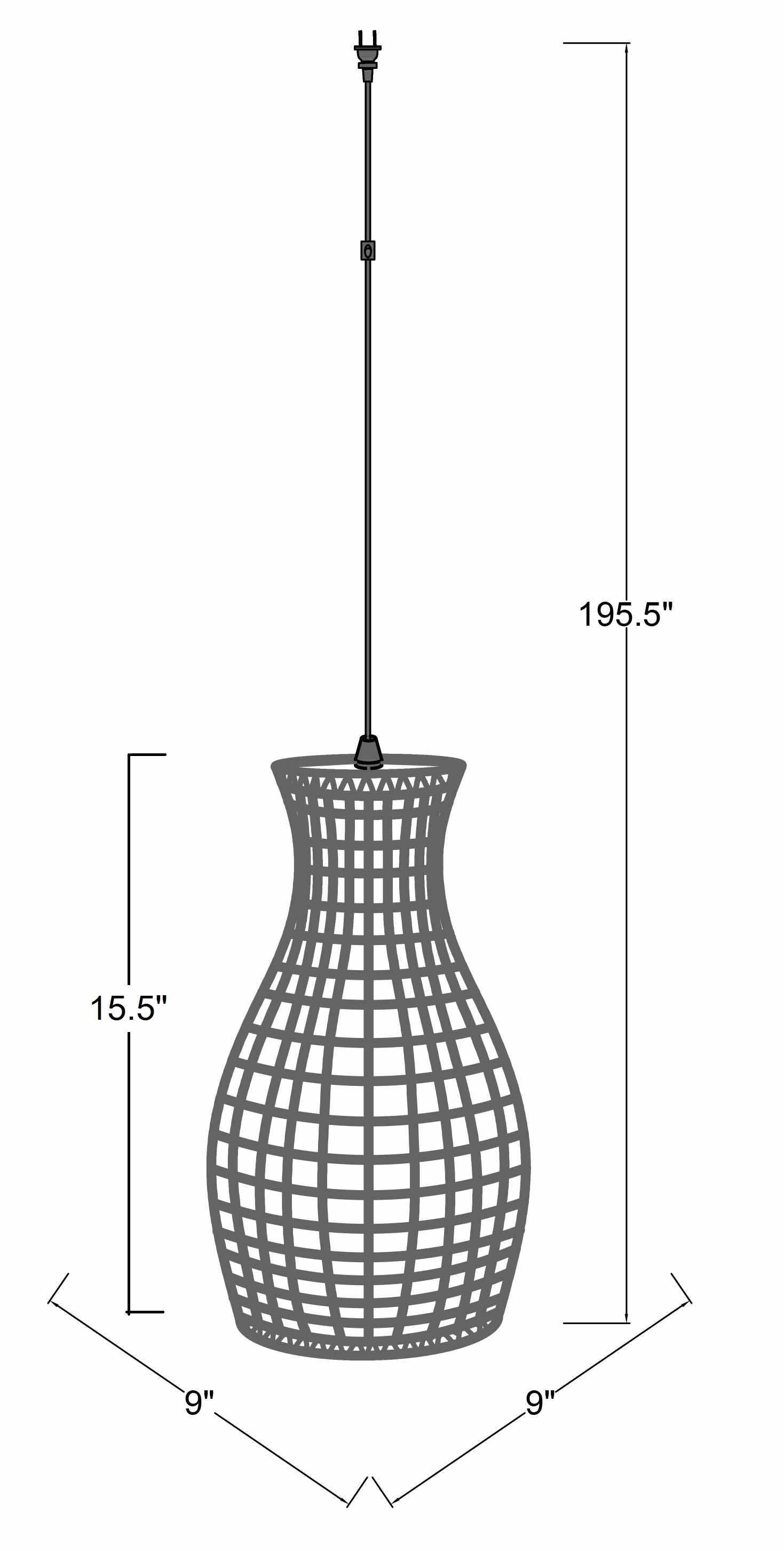 Dimensions of a decorative pendant light with grid pattern on a white background