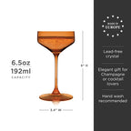 Orange cocktail glass with measurements and product details on a white background