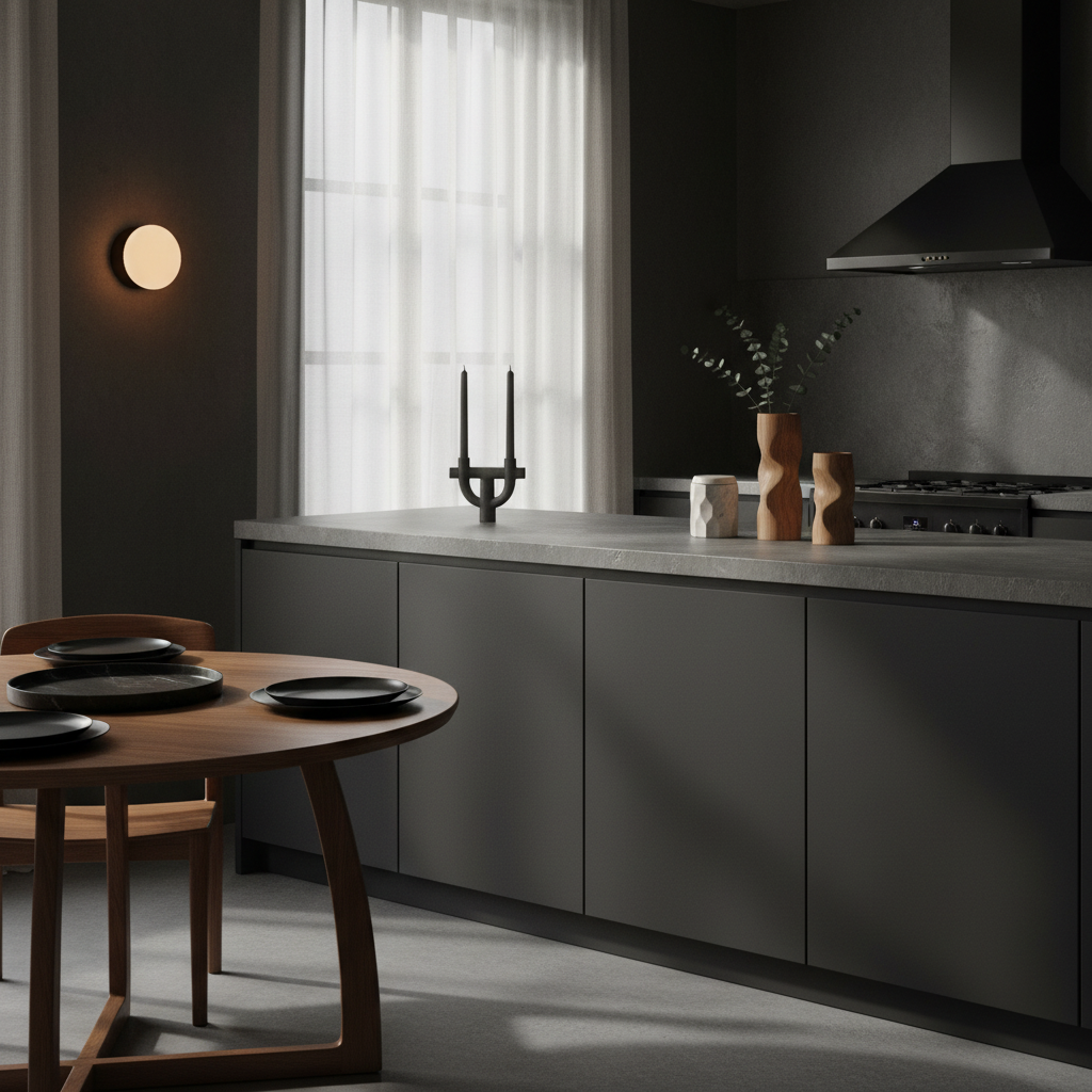 Modern kitchen with dark gray cabinets, wooden dining table, and minimal decor.