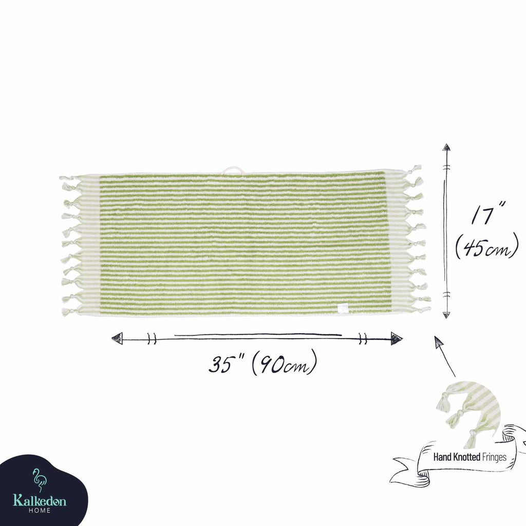 Lime green striped hand towel with hand-knotted fringes, dimensions 35x17 inches