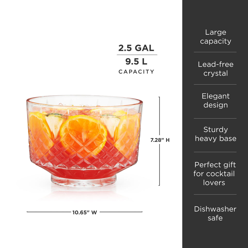 Glass with cocktail and fruit slices, featuring product details on a white background