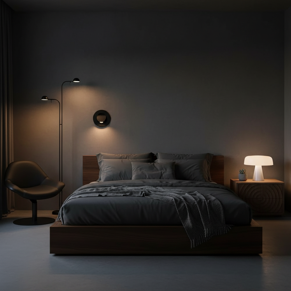 Modern bedroom with dark walls, bed, and lighting fixtures.