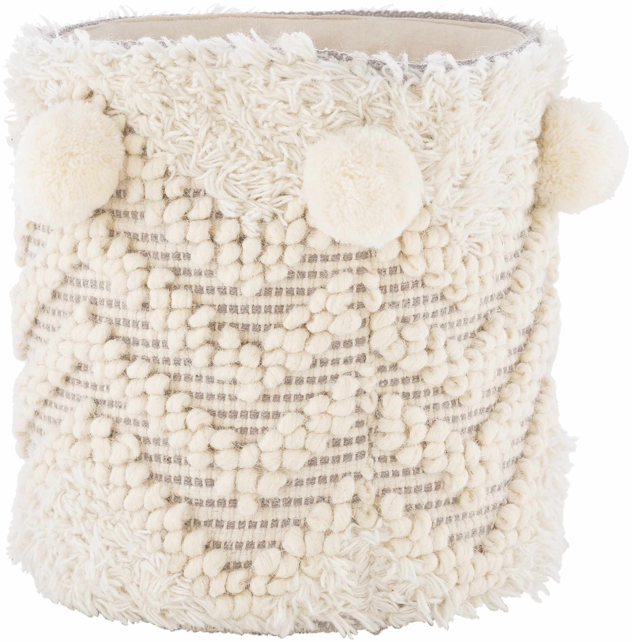 Textured white storage basket or planter with pom-pom details on a white background