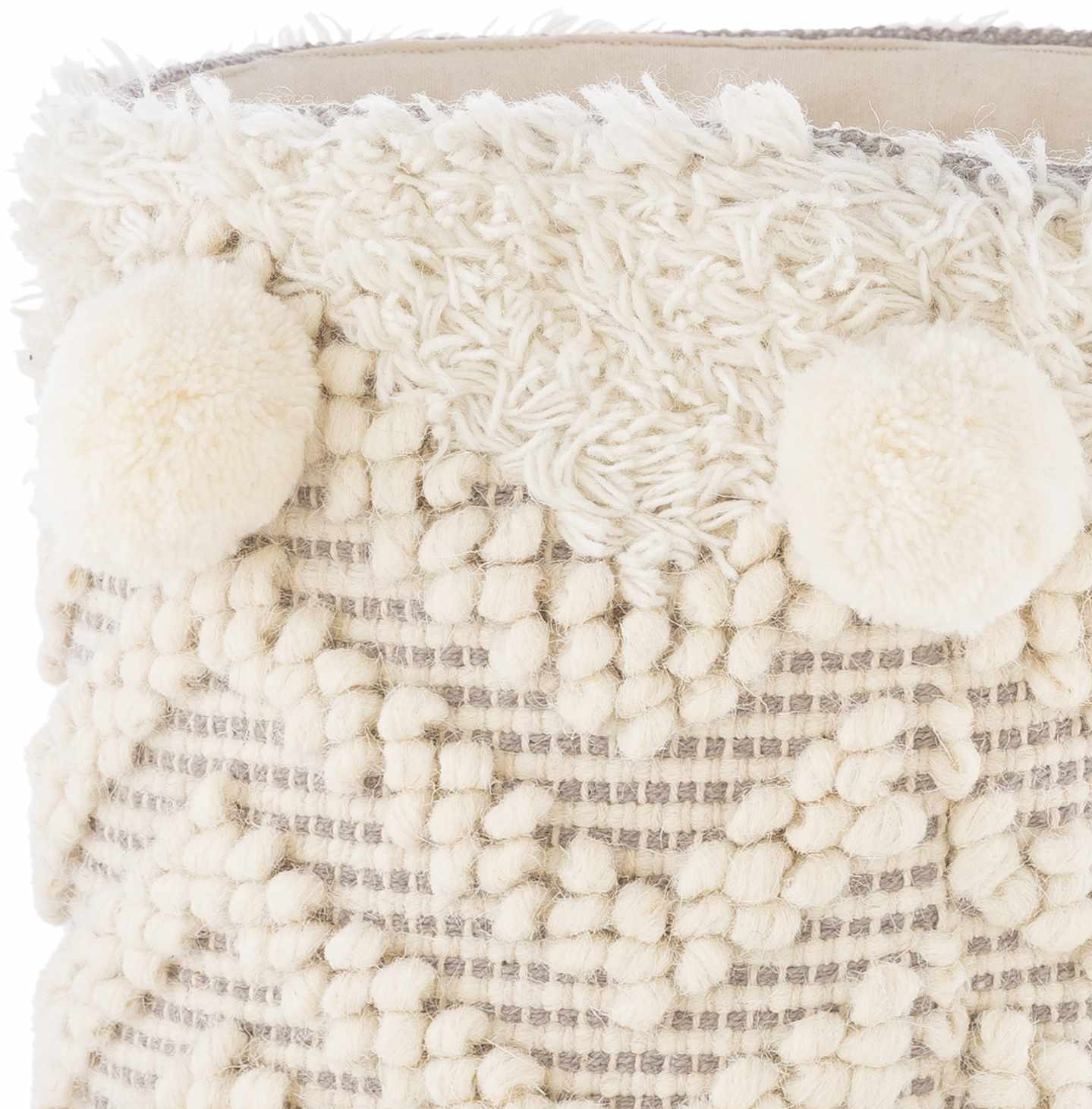 Close-up of a cream and beige textured basket with a shaggy top, two large pom-poms, and a chunky knit lower section.