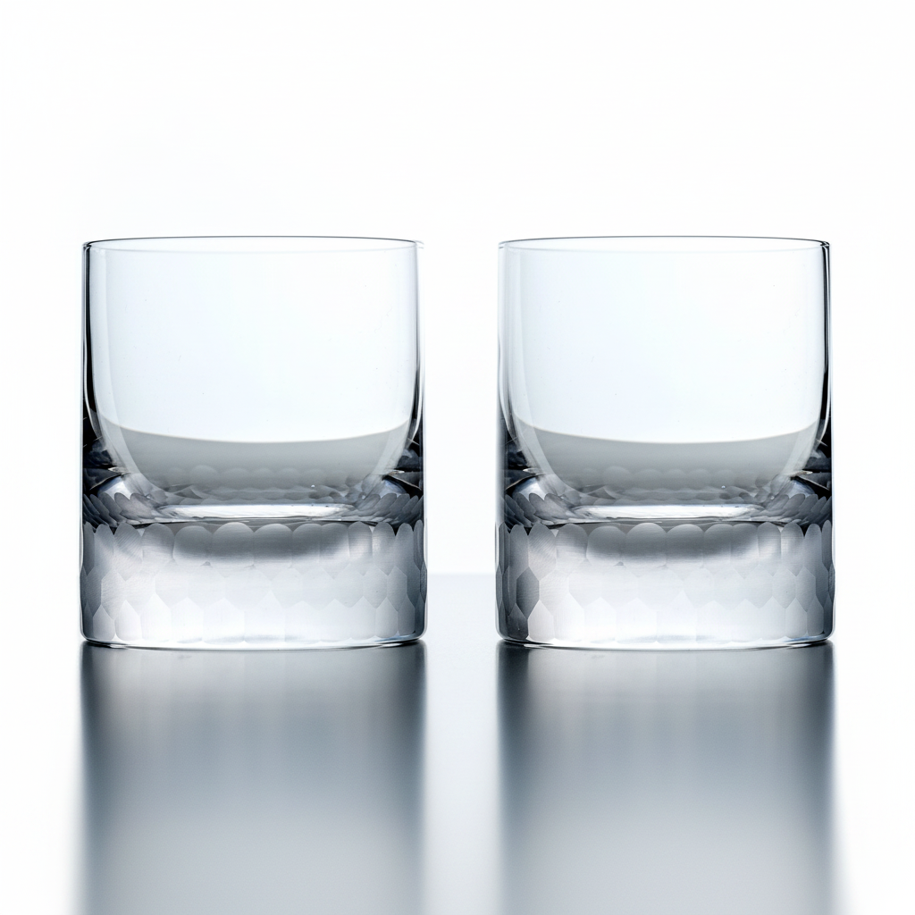 Two clear glass tumblers on a reflective surface with a white background