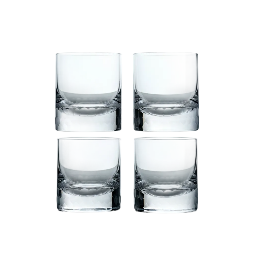 Four clear glass tumblers on a white background