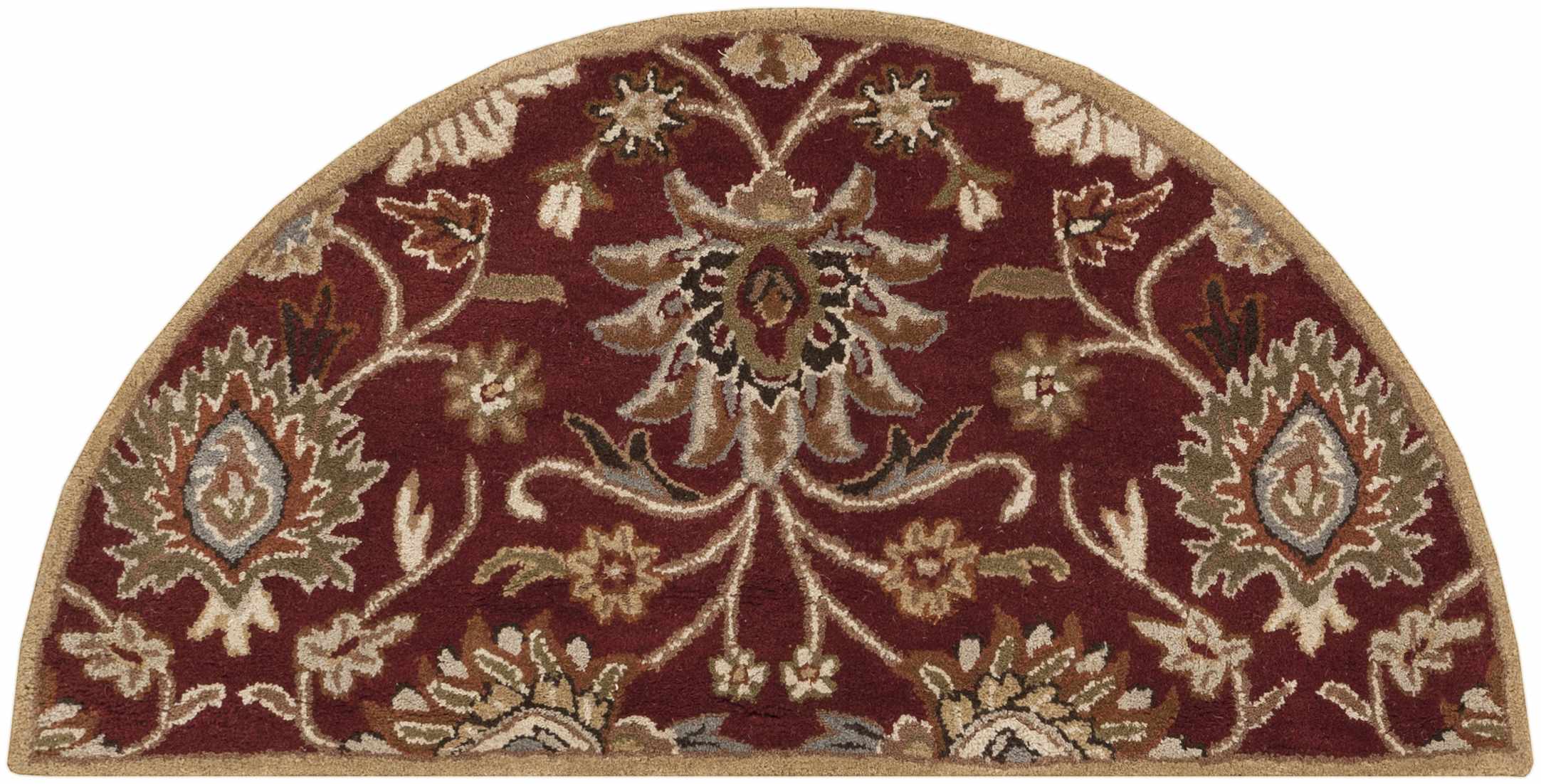 Decorative half-circle rug with intricate floral patterns on a white background