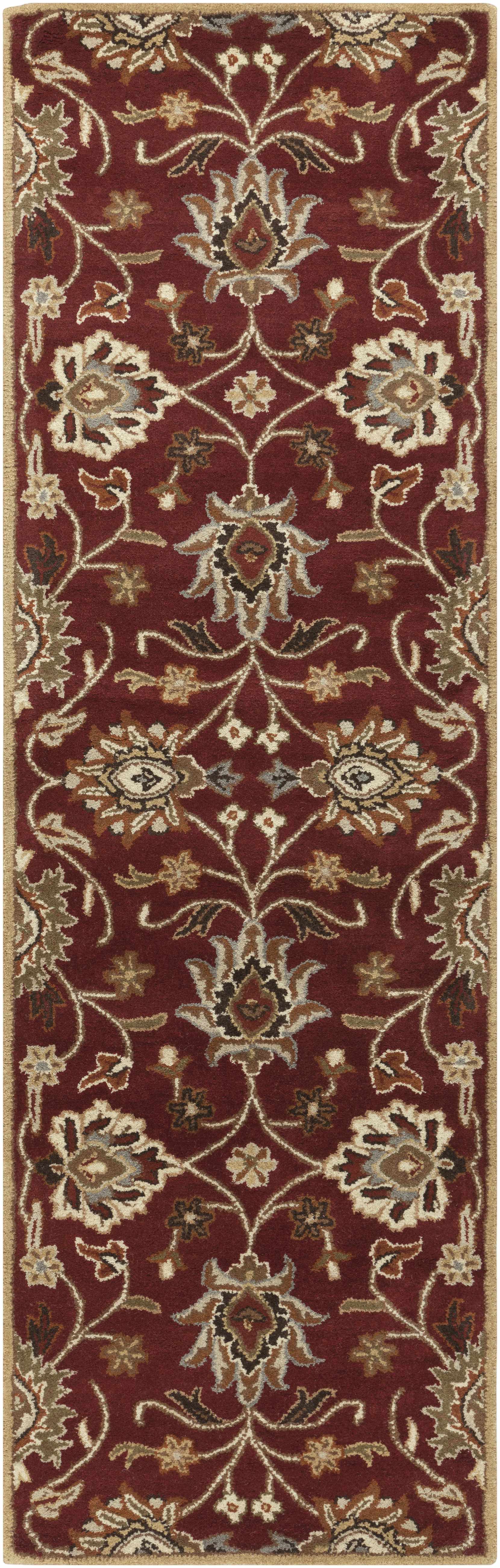 Decorative red runner rug with floral patterns