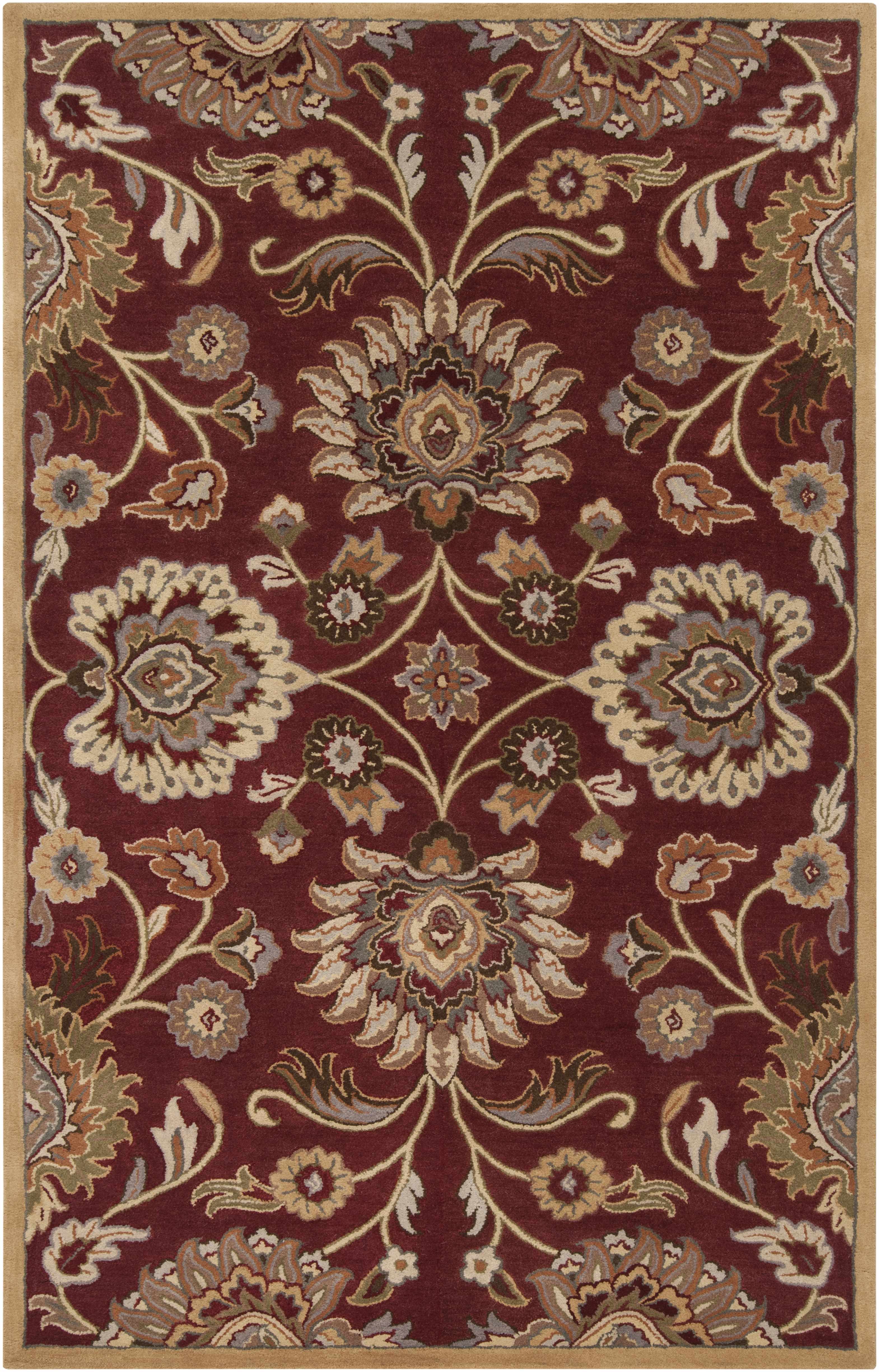 Decorative rug with intricate floral pattern on a red background