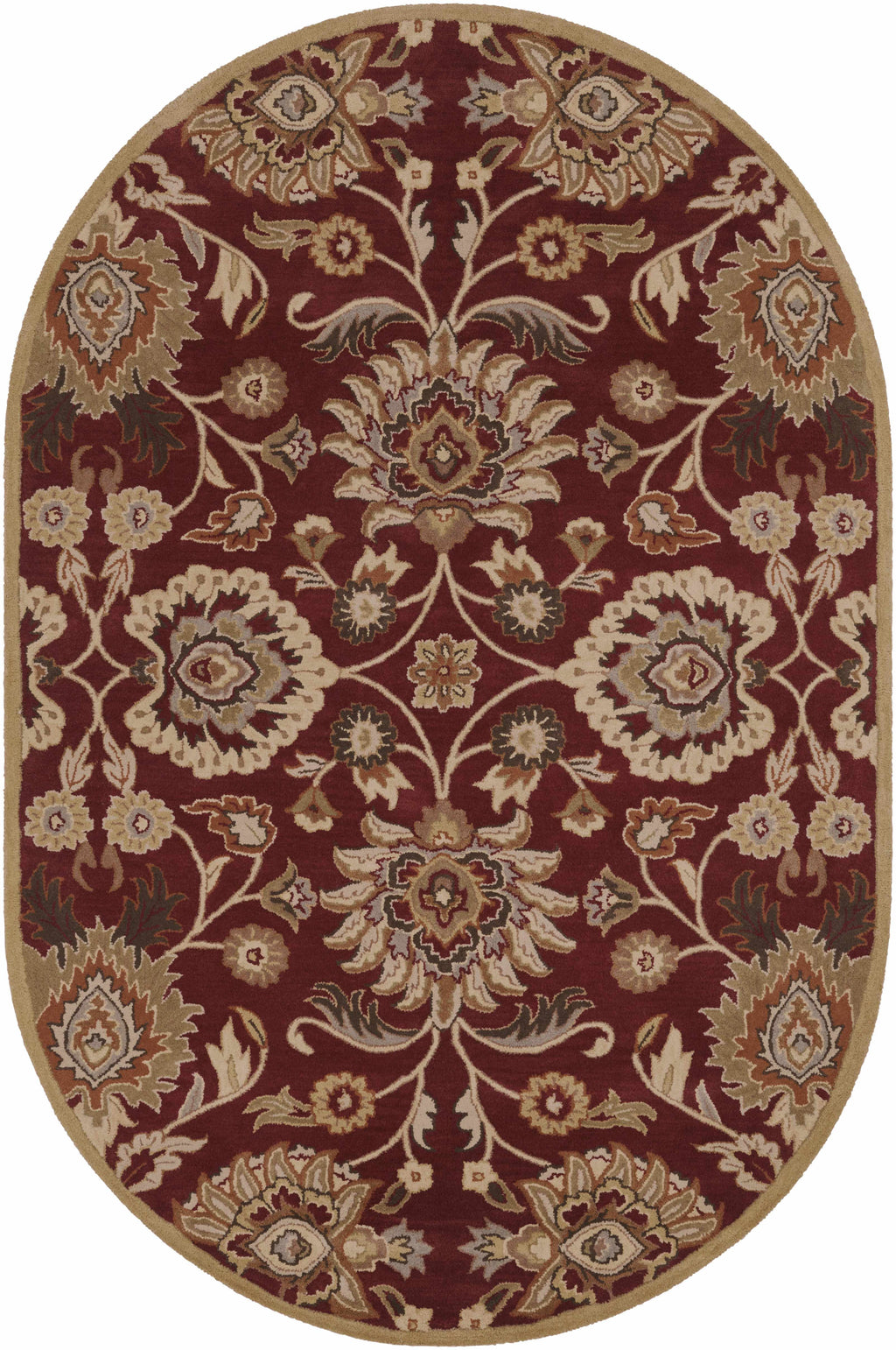 Decorative oval rug with intricate floral patterns on a red background