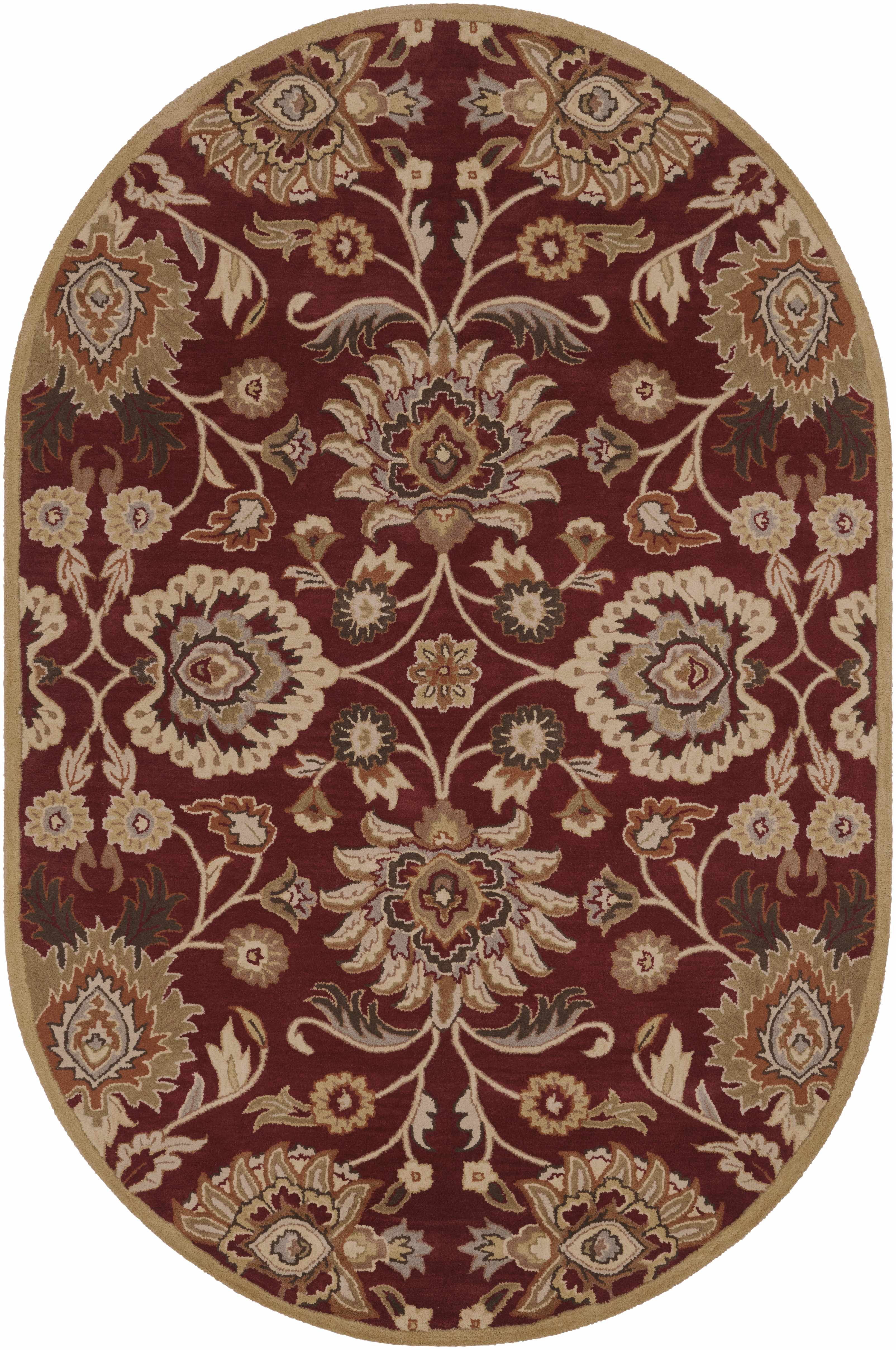 Decorative oval rug with intricate floral patterns on a red background