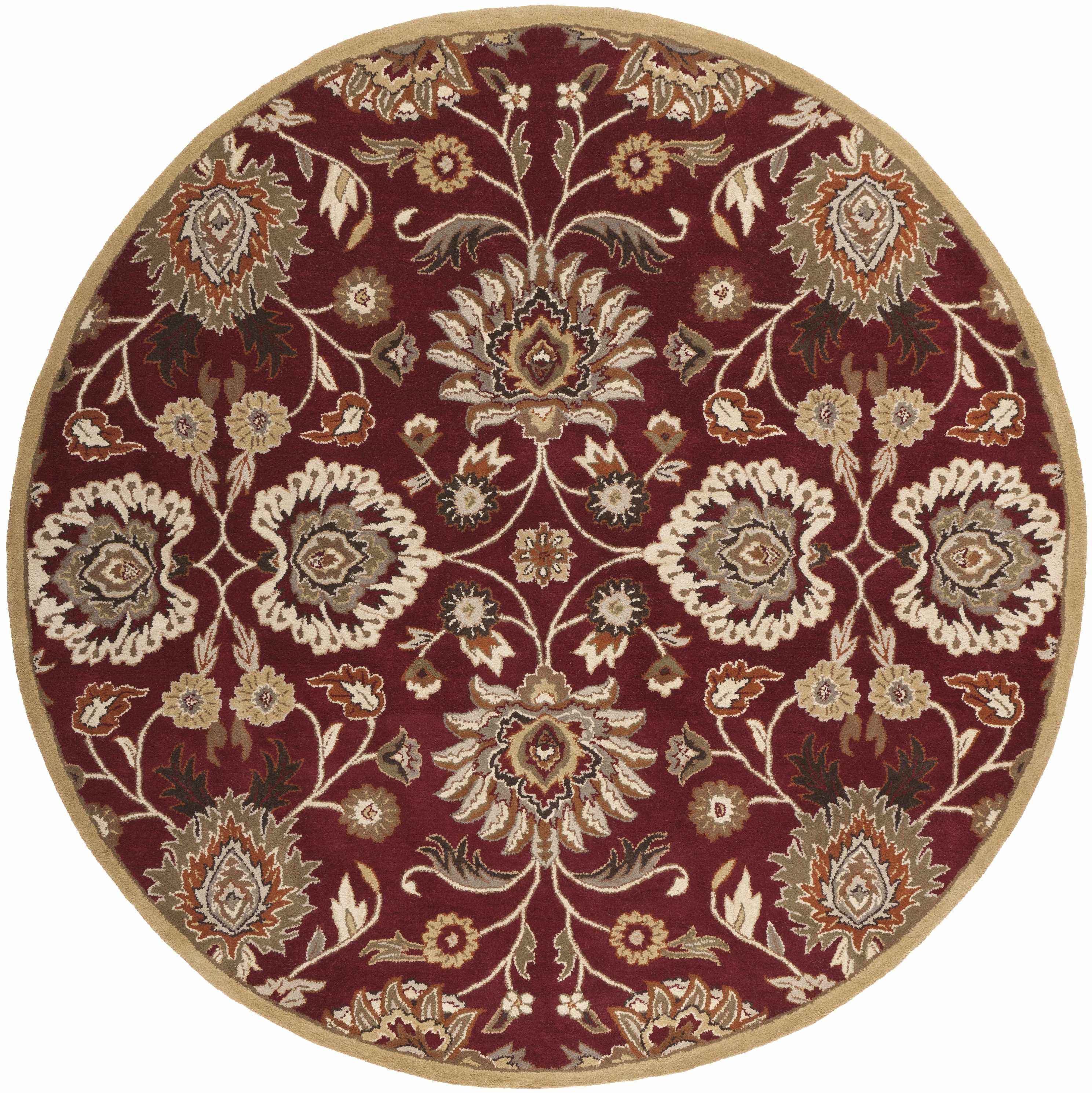 Round red area rug with floral pattern on a white background
