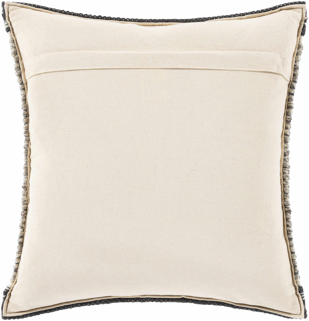 Beige pillow back with decorative trim on a white background