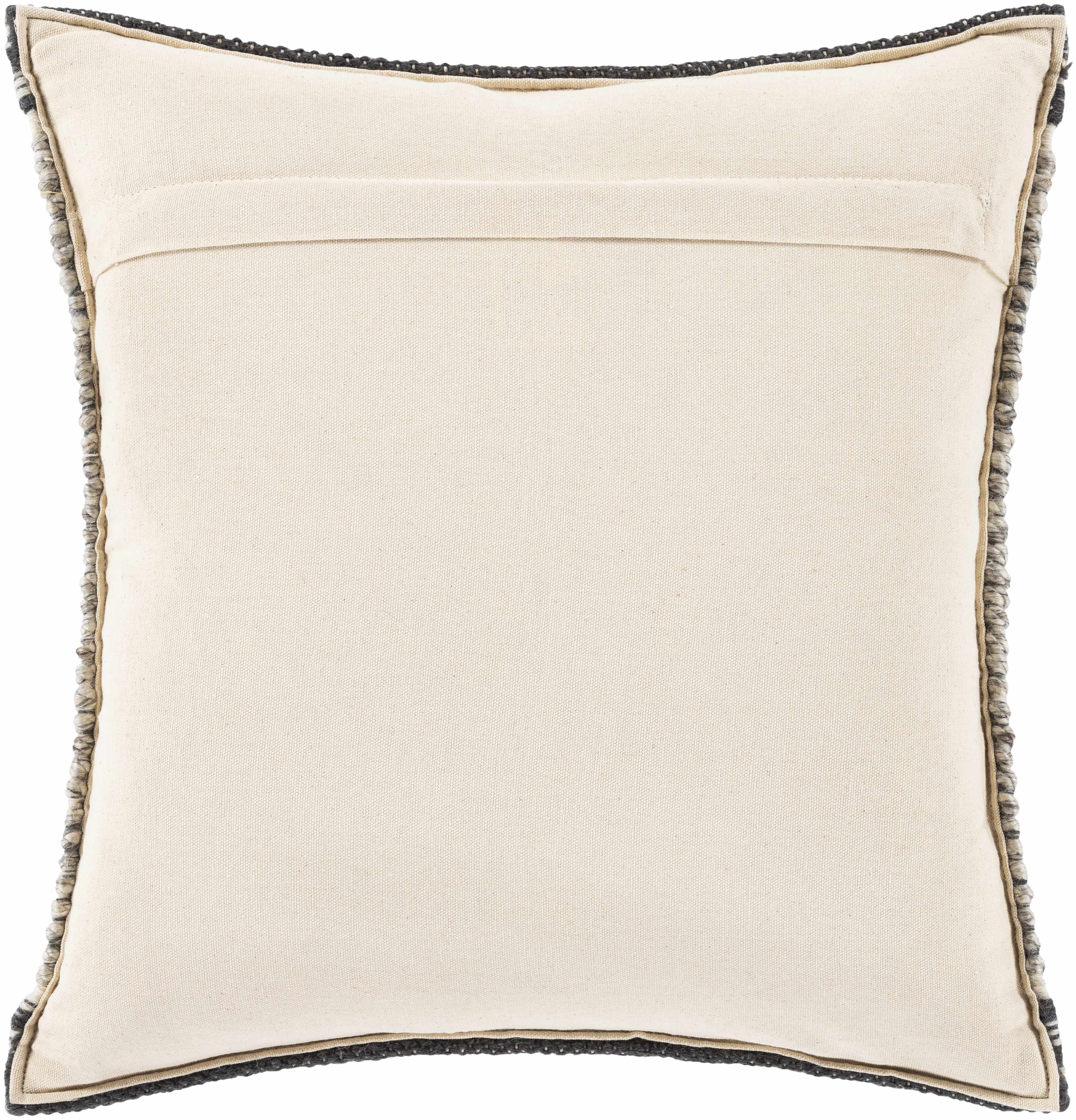 Beige pillow back with decorative trim on a white background