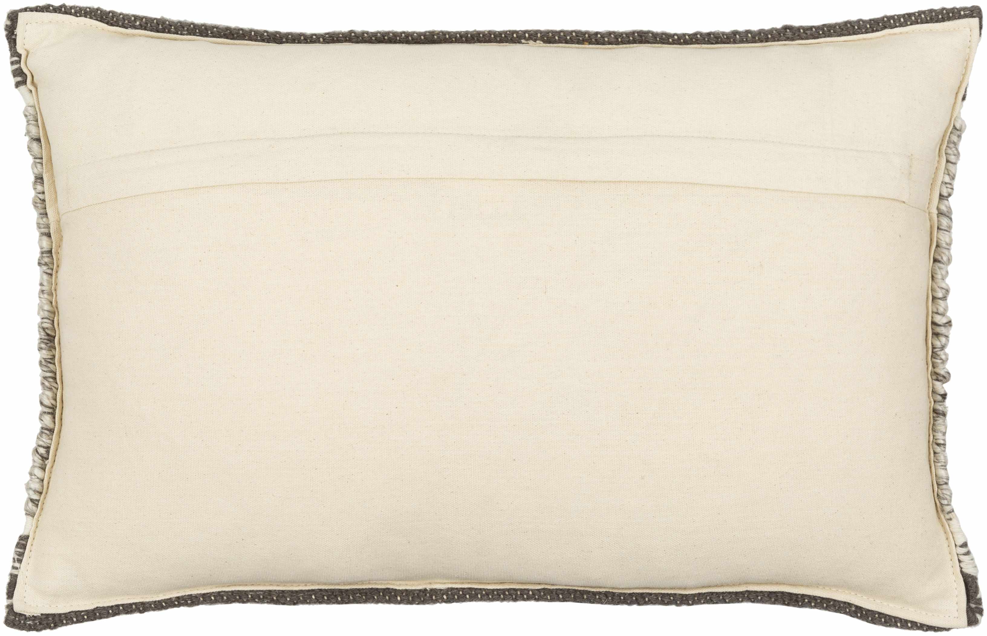 Beige pillow back with decorative trim on a beige background