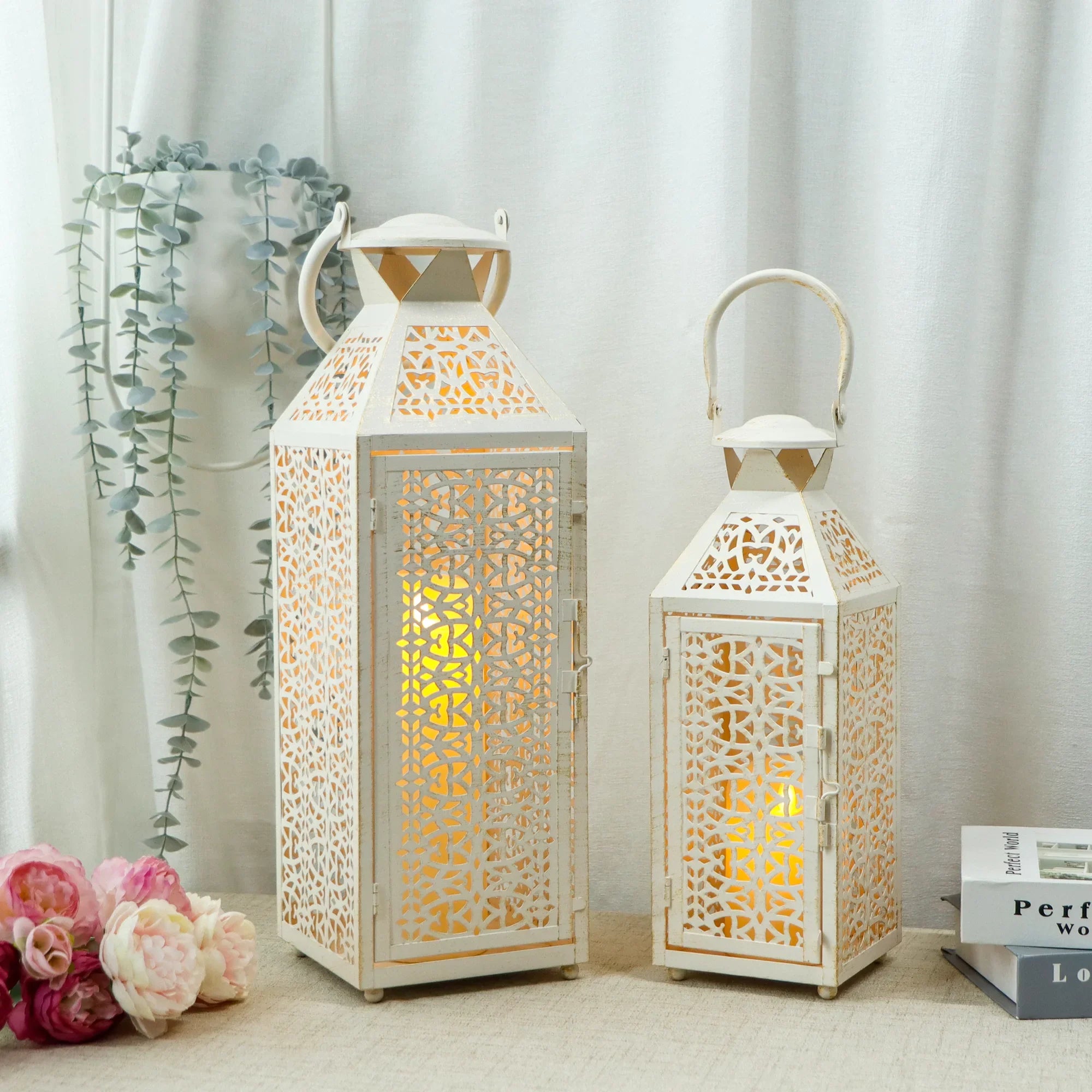 Moroccan Decorative Metal Candle Holders with Hollow Pattern 19"&14''H