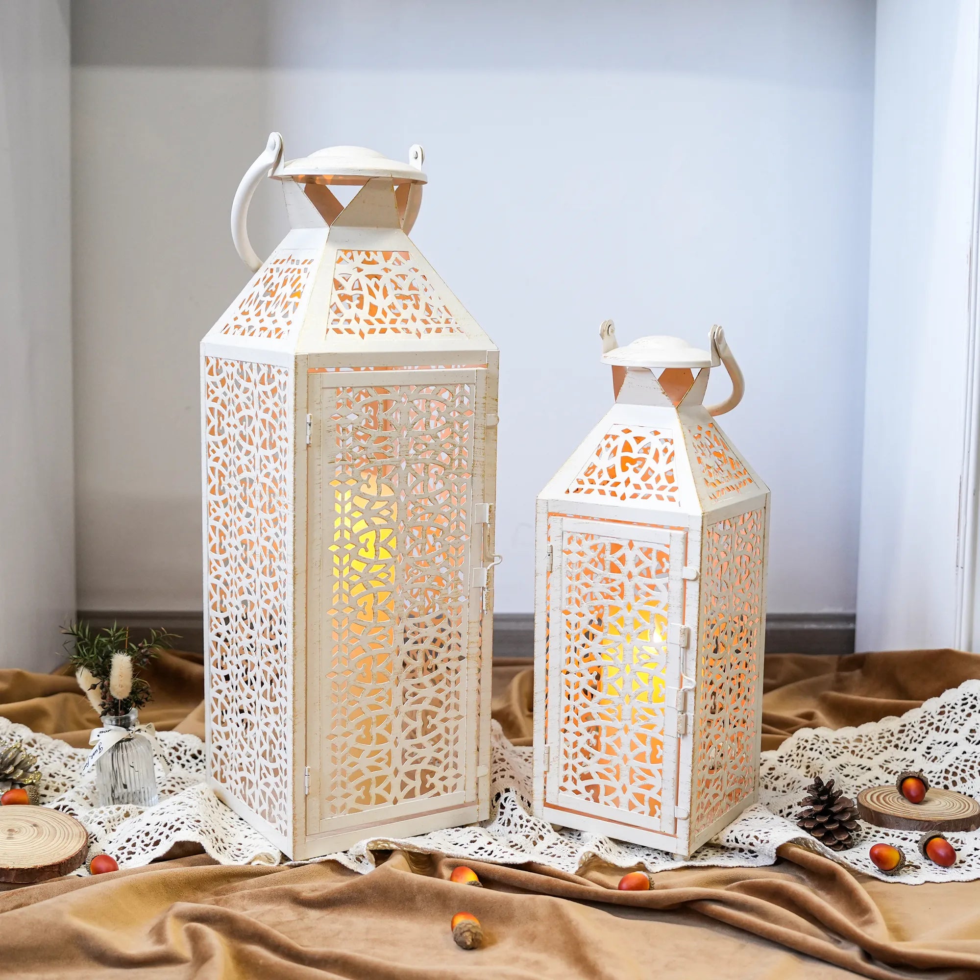 Moroccan Decorative Metal Candle Holders with Hollow Pattern 19"&14''H