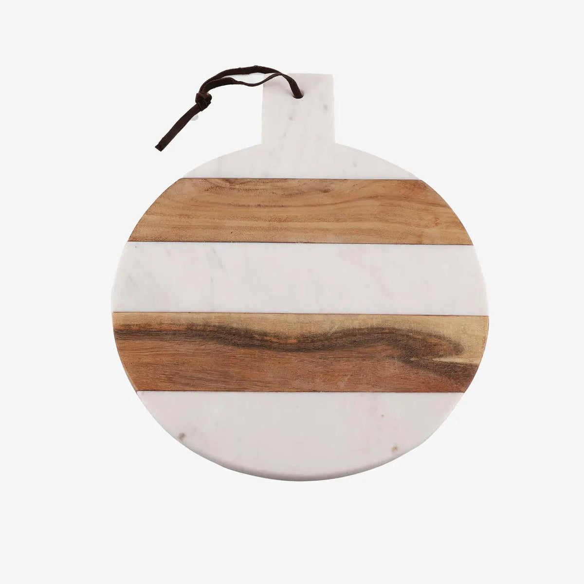 Round marble and wood striped serving board with a dark brown leather hanging loop, shown on a plain white background.