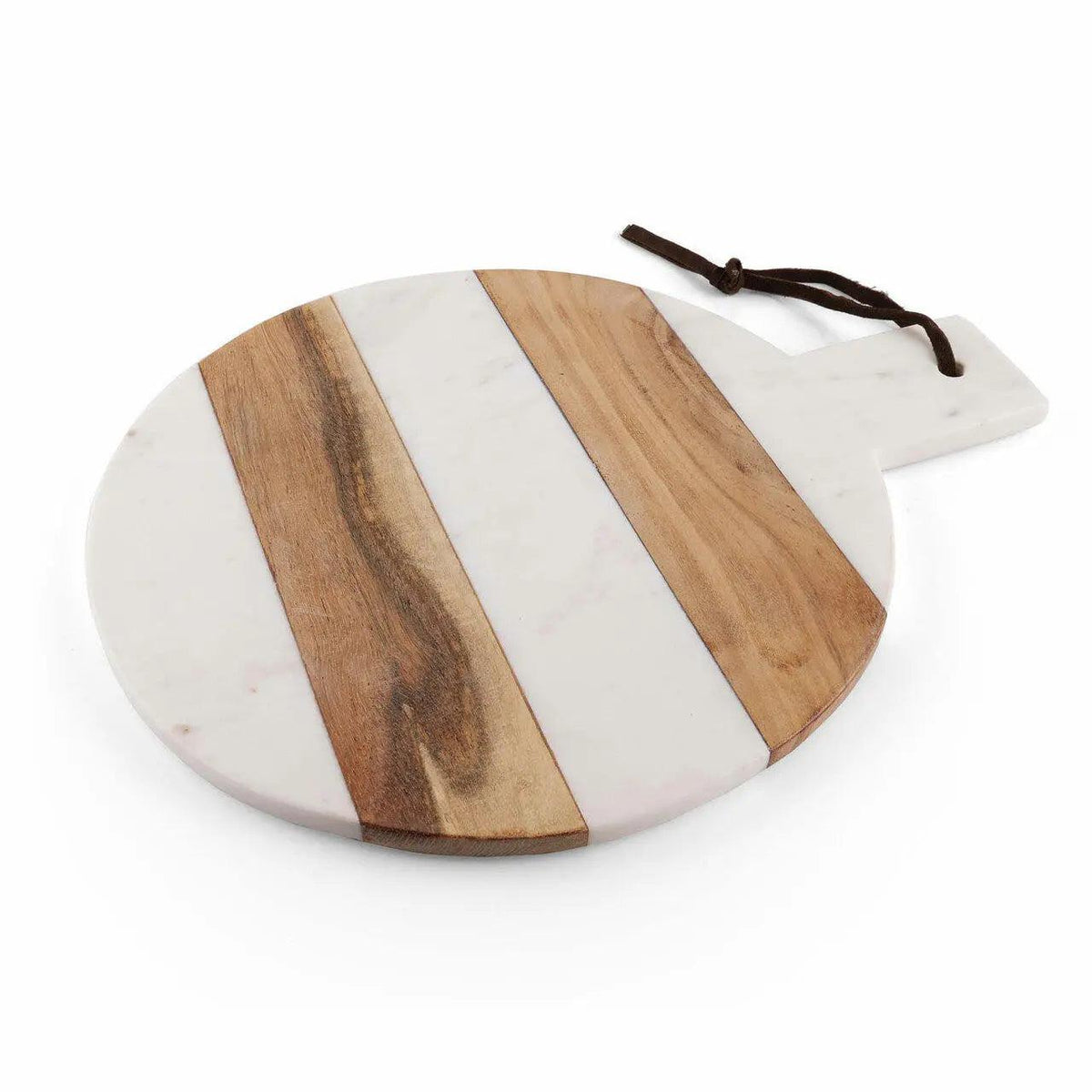Round cutting board with wooden and white stripes on a white background