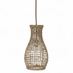 Woven rattan pendant light on a white background