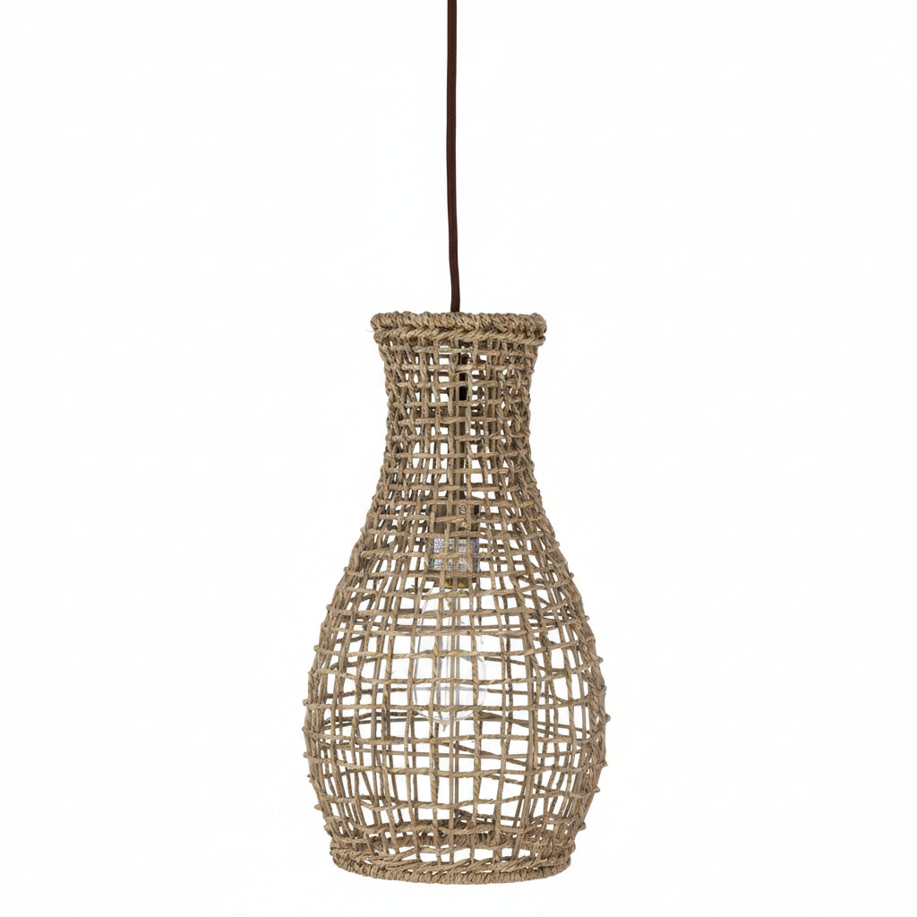 Woven rattan pendant light on a white background