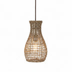 Woven rattan pendant light on a white background