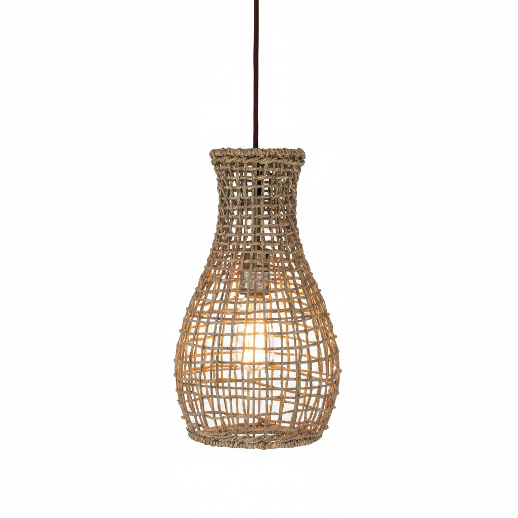 Woven rattan pendant light on a white background