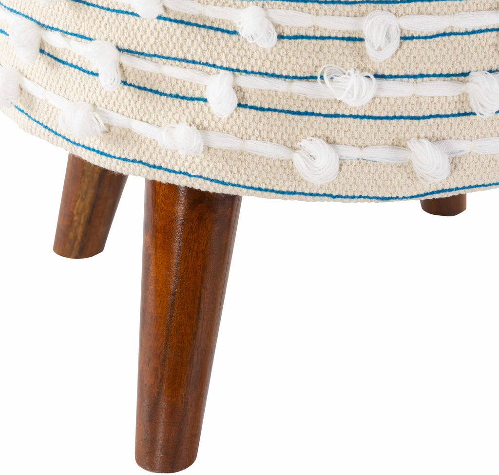 Close-up of a stool with woven seat and wooden legs on a white background