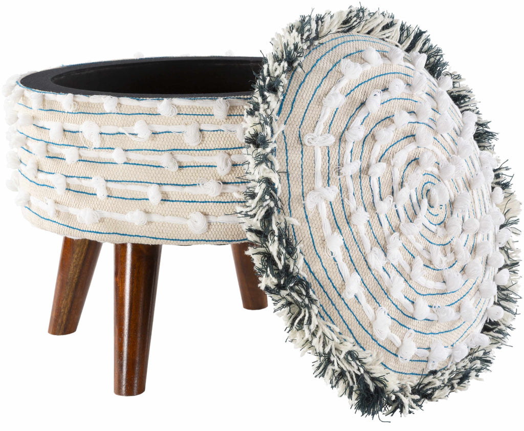 Decorative stool with woven design and wooden legs with storage on a white background