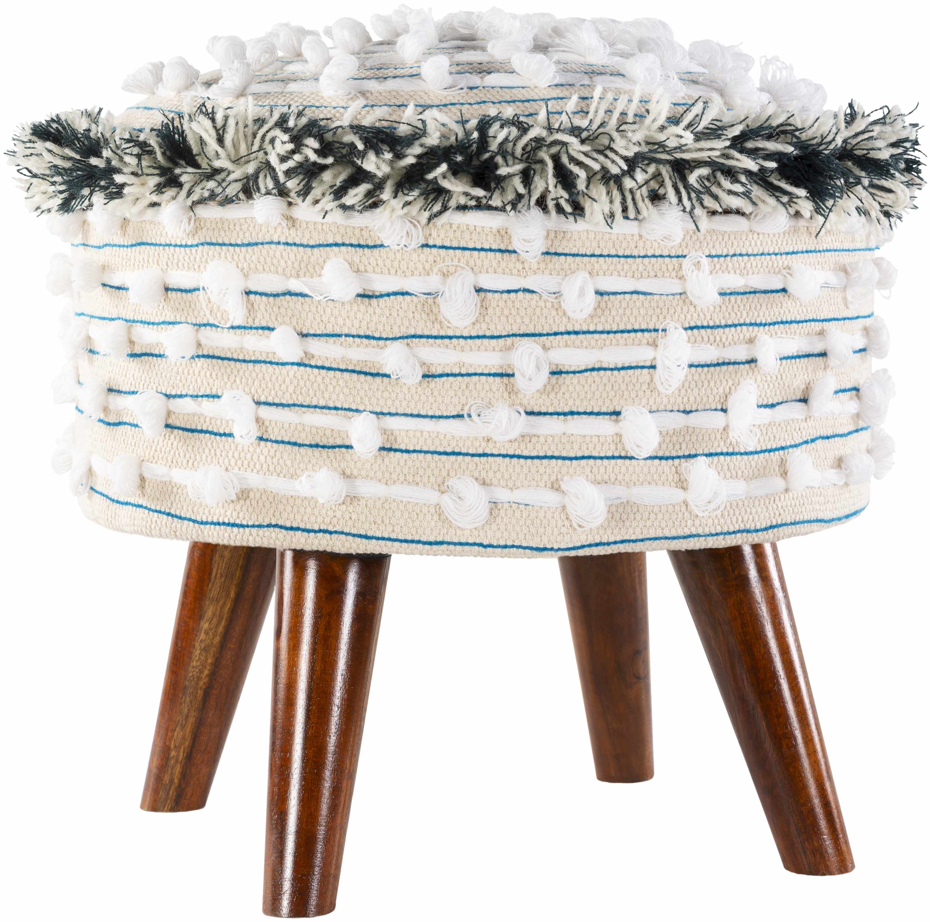 Small stool with woven top and wooden legs on a white background
